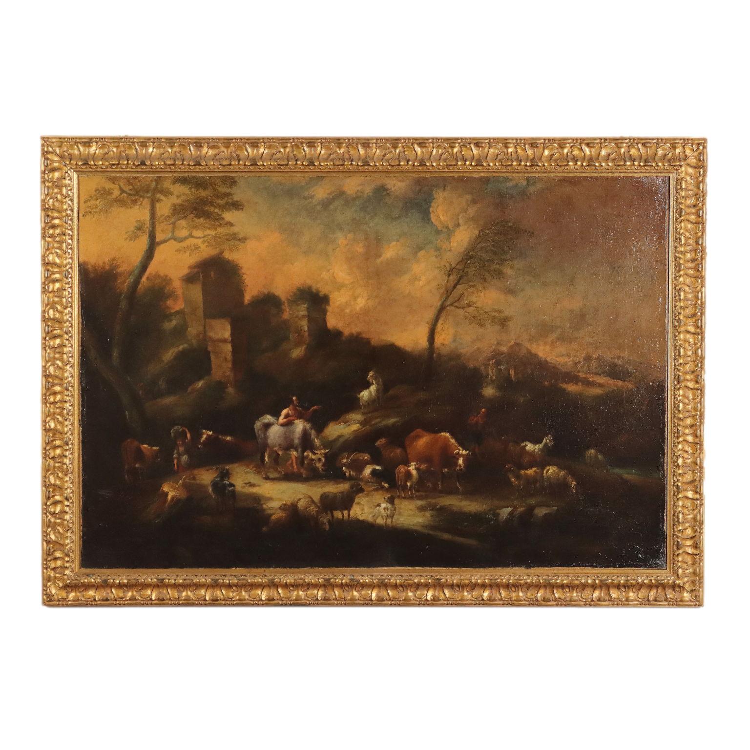 Oil painting on canvas. Italian school of the eighteenth century. Within a rather barren landscape, with architectural ruins on the left and snow-capped peaks in the background on the right, some shepherds pass along the path, leading their flocks