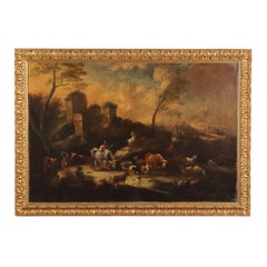 Peinture de paysage avec des personnages et des troupeaux, XVIIIe siècle