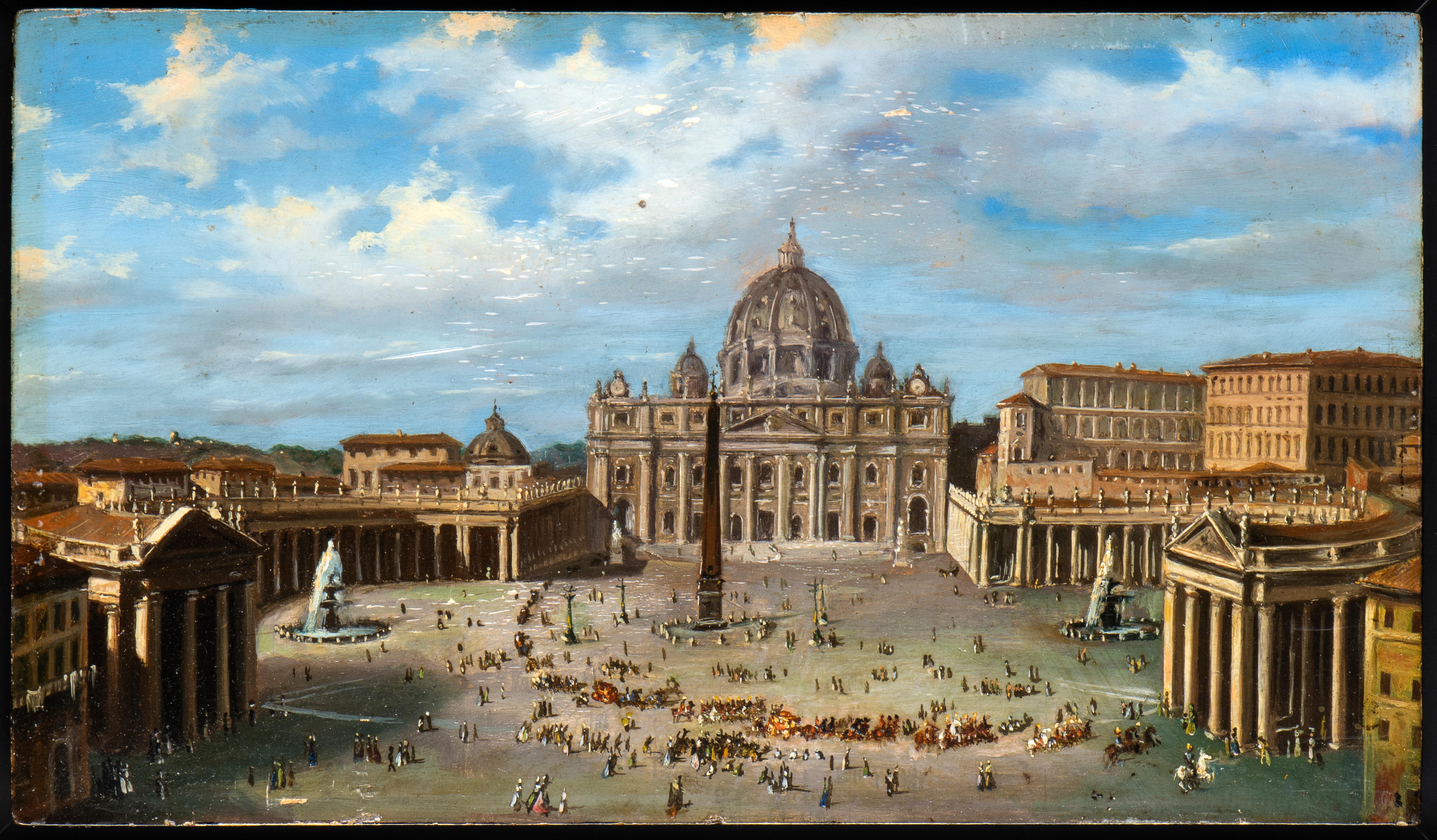 Oil Paint View Of St. Peter's Basilica With The Square and Colonnade and Obelisk - Painting by Unknown