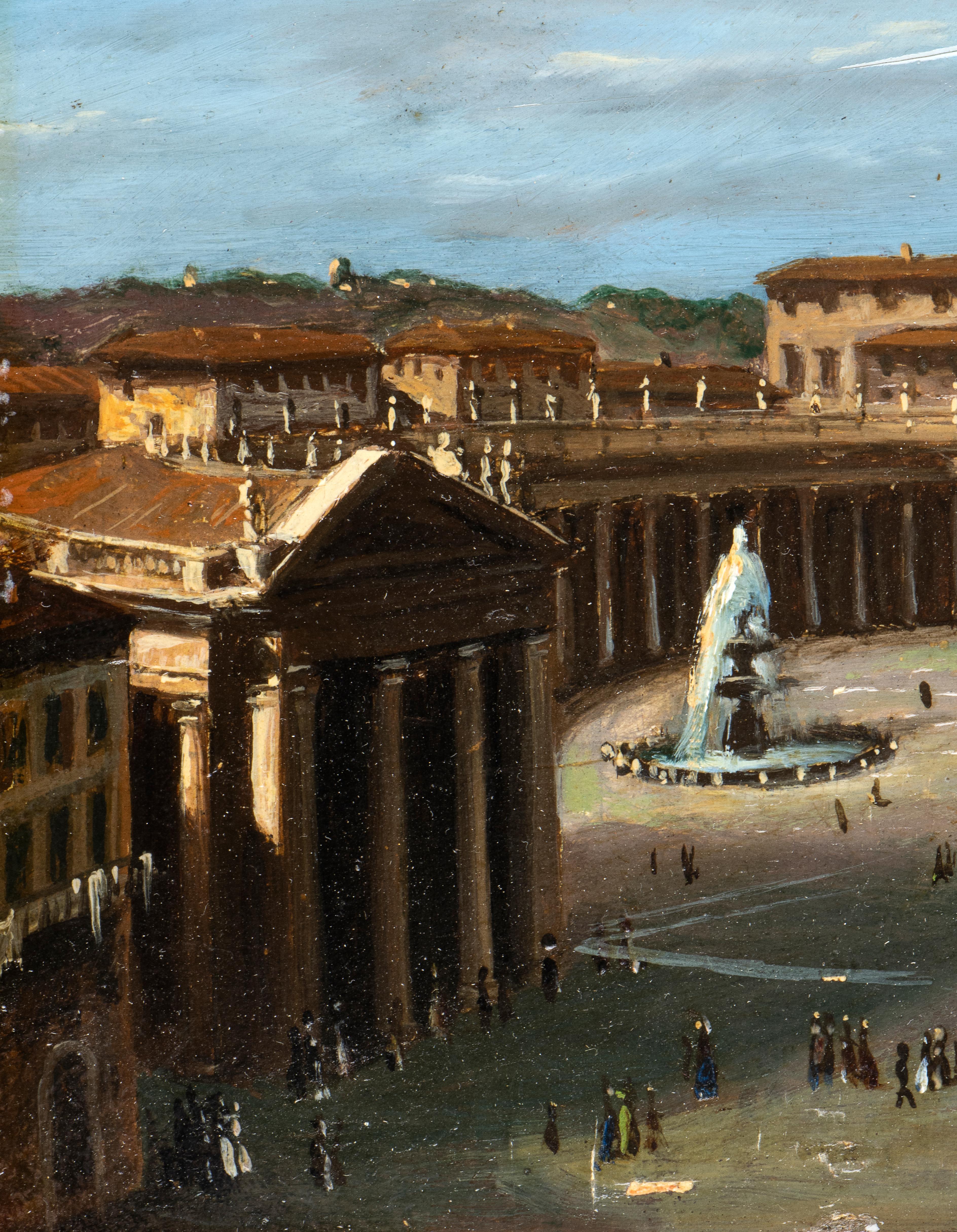 Une vue impressionnante de la basilique St Peters et de la place avec les  l'obélisque et la colonnade, peints à partir de la  Spina di Borgo.
Après la construction voulue par le pape Alexander VI à l'imminence du jubilé de 1500 de la Via