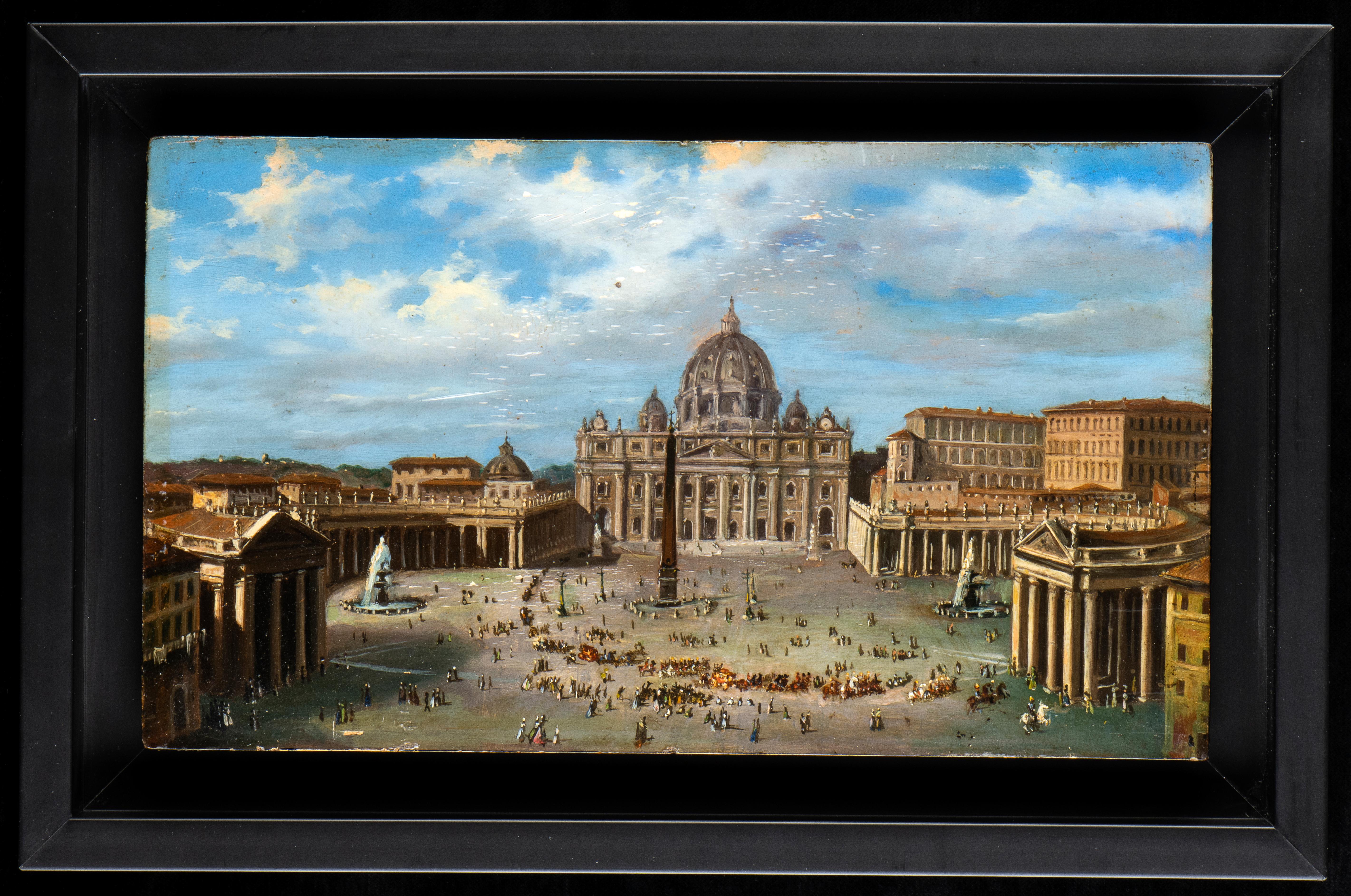 Unknown Figurative Painting - Oil Paint View Of St. Peter's Basilica With The Square and Colonnade and Obelisk