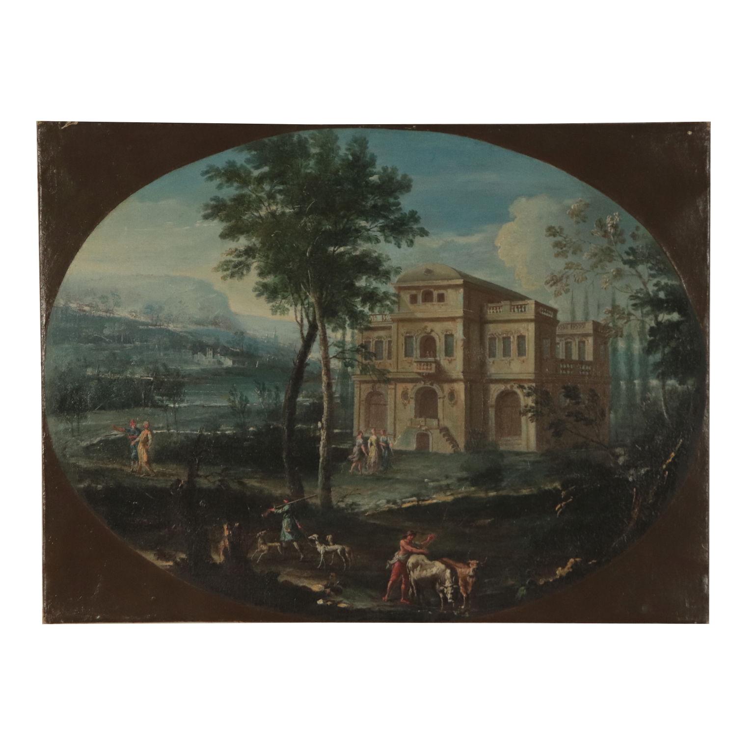 Unknown Landscape Painting - Landscape with Architecture and Figure, 18th Century. Allegory of Life in a Vill