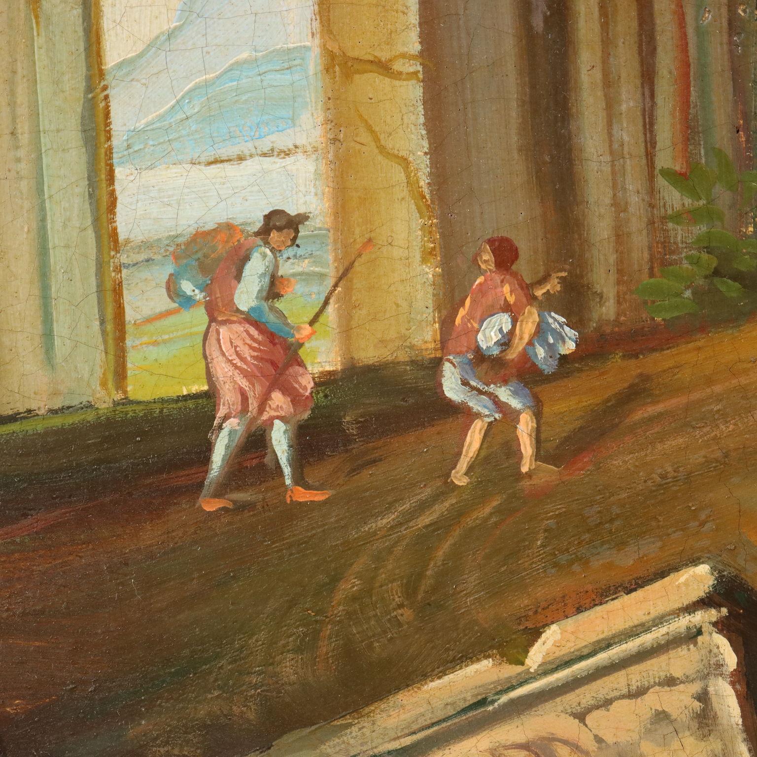 Pintura al óleo sobre lienzo. La escena de gran estilo, retoma las composiciones pictóricas de los siglos XVII y XVIII, los llamados caprichos arquitectónicos, que situaban antiguas estructuras arquitectónicas, a menudo en ruinas, dentro de un