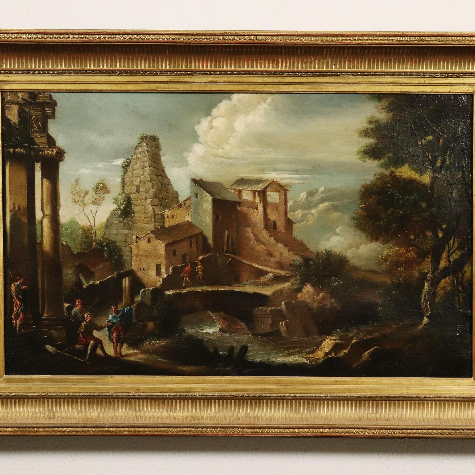 Landscape with Architectures and Figures Center-Italian School 1700 - Other Art Style Painting by Unknown
