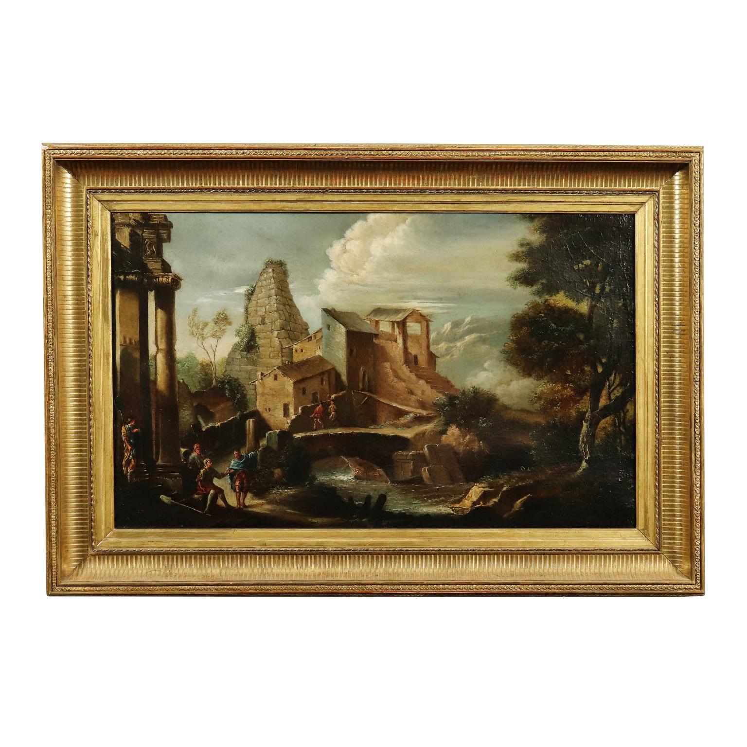 Unknown Landscape Painting - Landscape with Architectures and Figures Center-Italian School 1700
