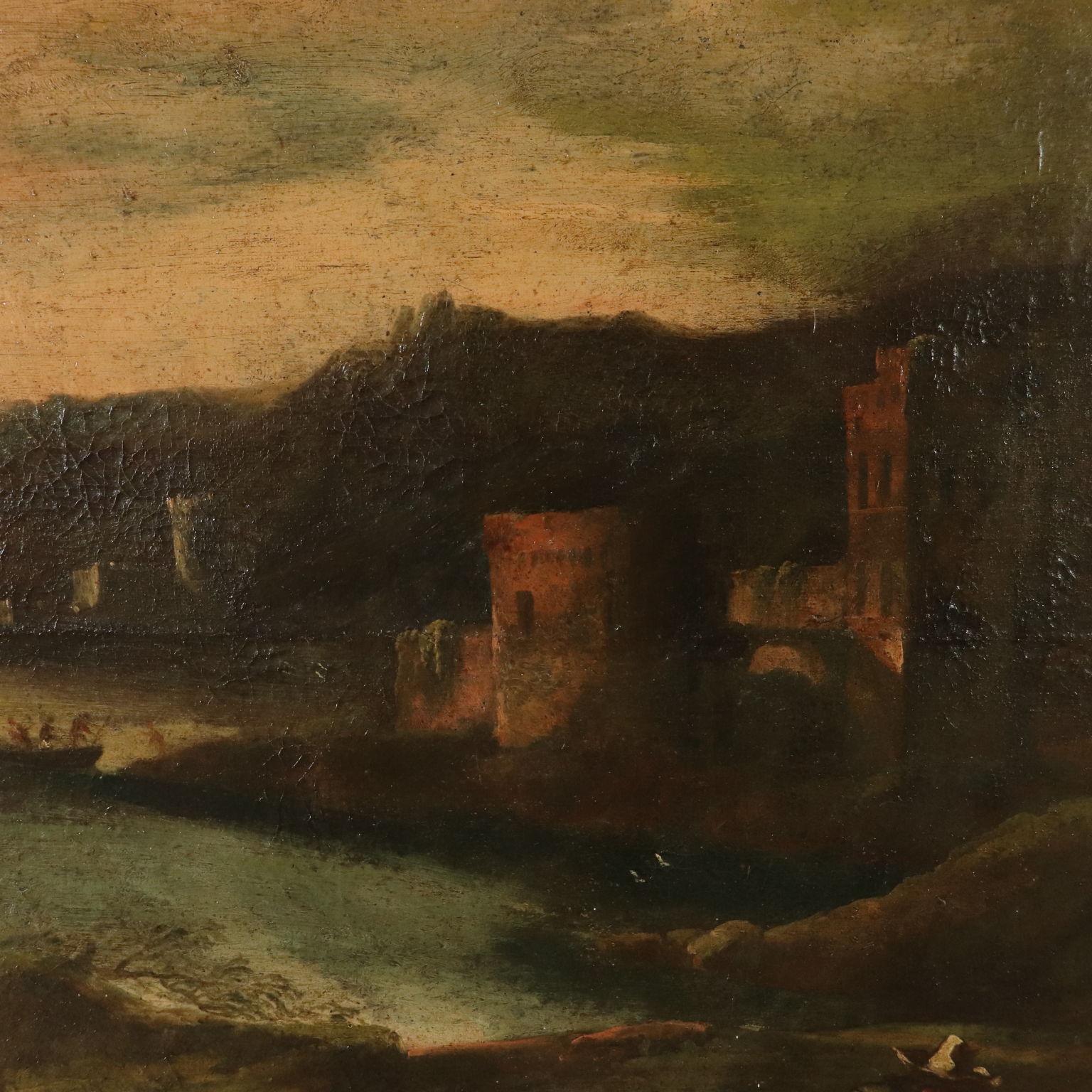 Landscape with Buildings and Figures Oil on Canvas 18th Century 2
