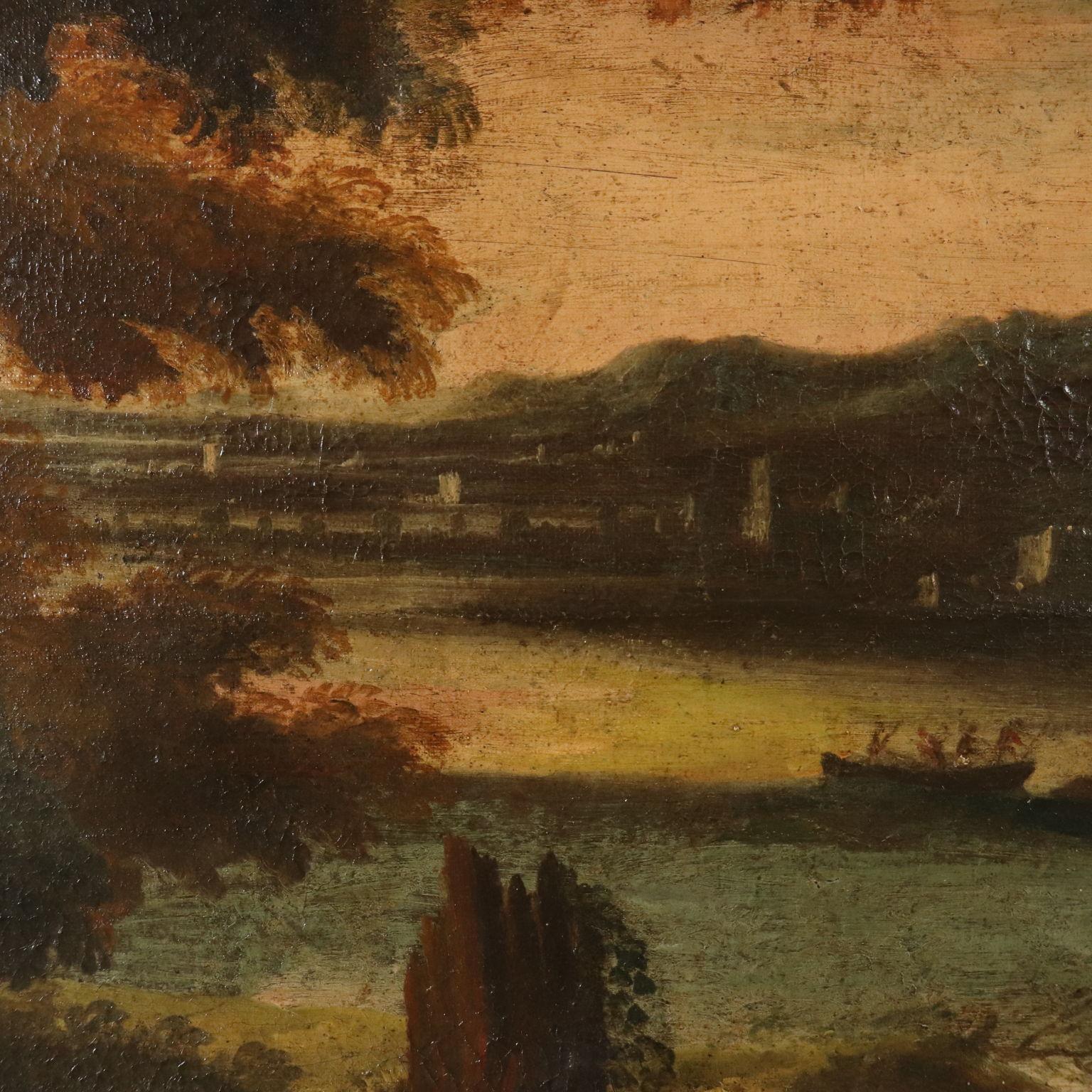 Landscape with Buildings and Figures Oil on Canvas 18th Century 3