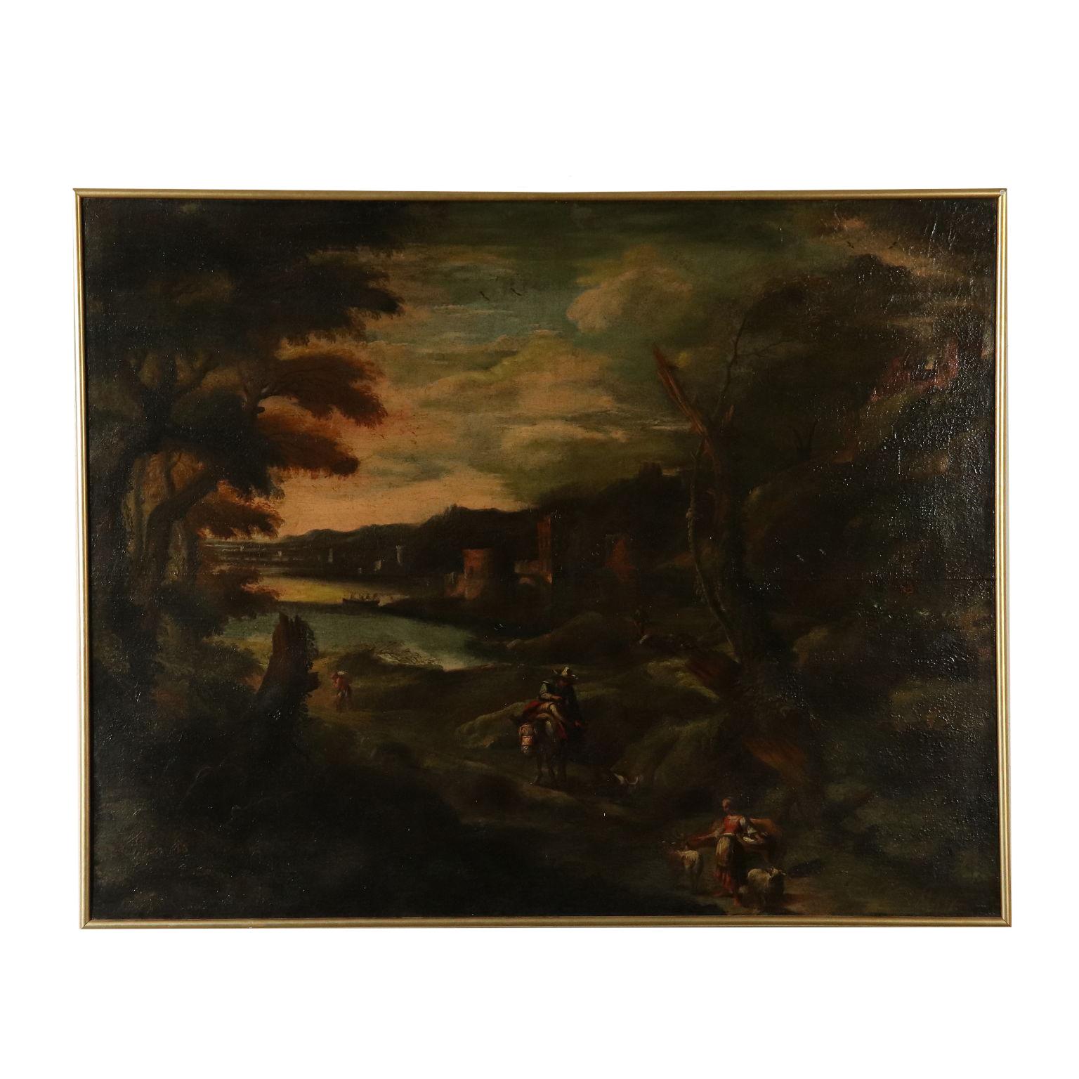 Unknown Landscape Painting - Landscape with Buildings and Figures Oil on Canvas 18th Century