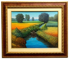 Landscape with Canal - Oil on Canvased Cardboard - Mid 20th Century
