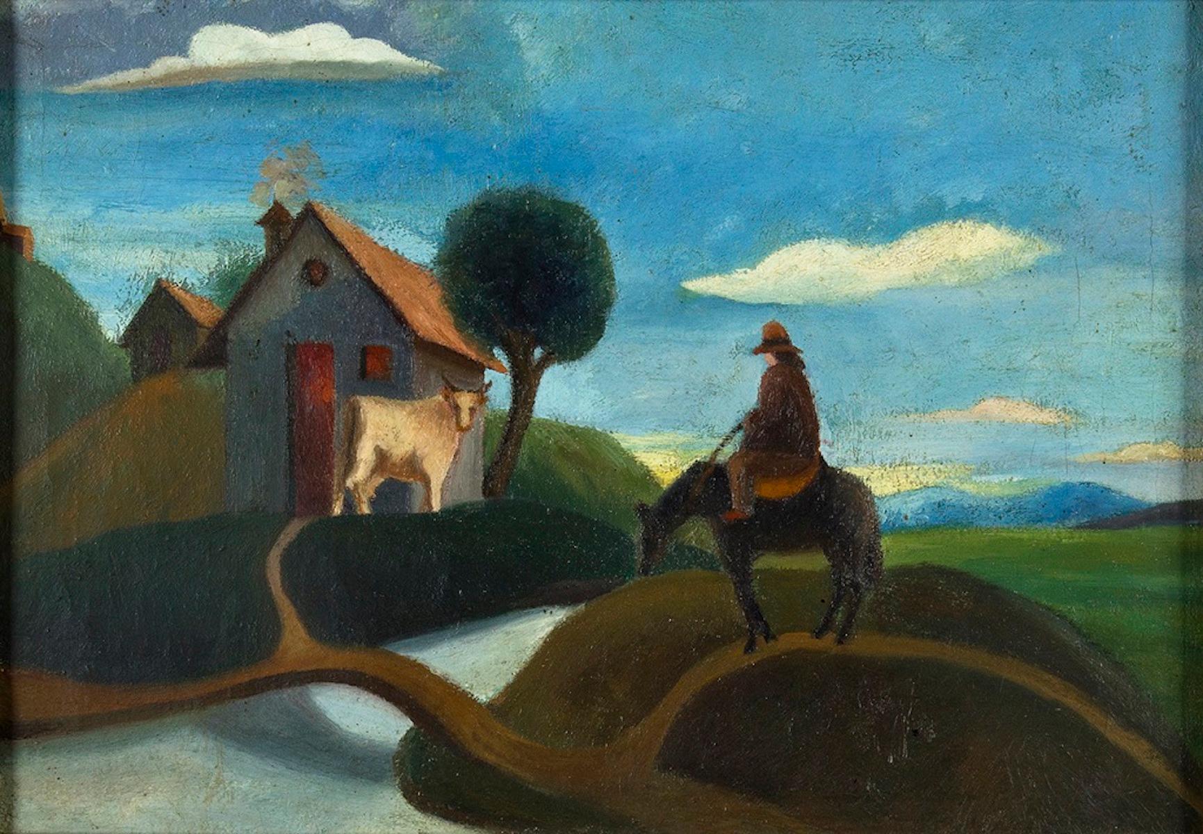 Unknown Figurative Painting - Landscape with Farmer - Oil on Canvas - Early 20th Century