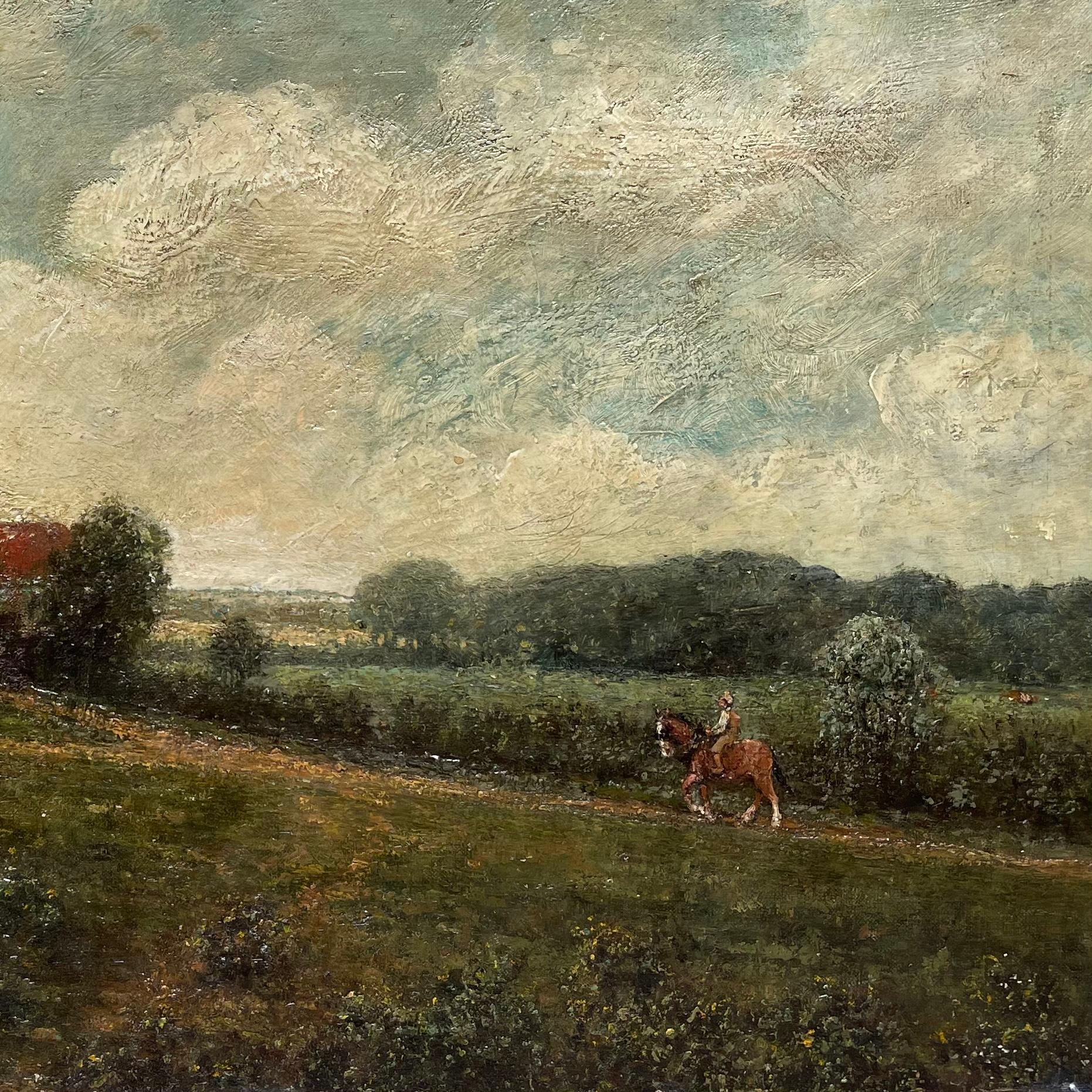 Landscape With Farmhouse, Farmers and a Horse by R.Meriot, French 19th Century - Painting by Unknown