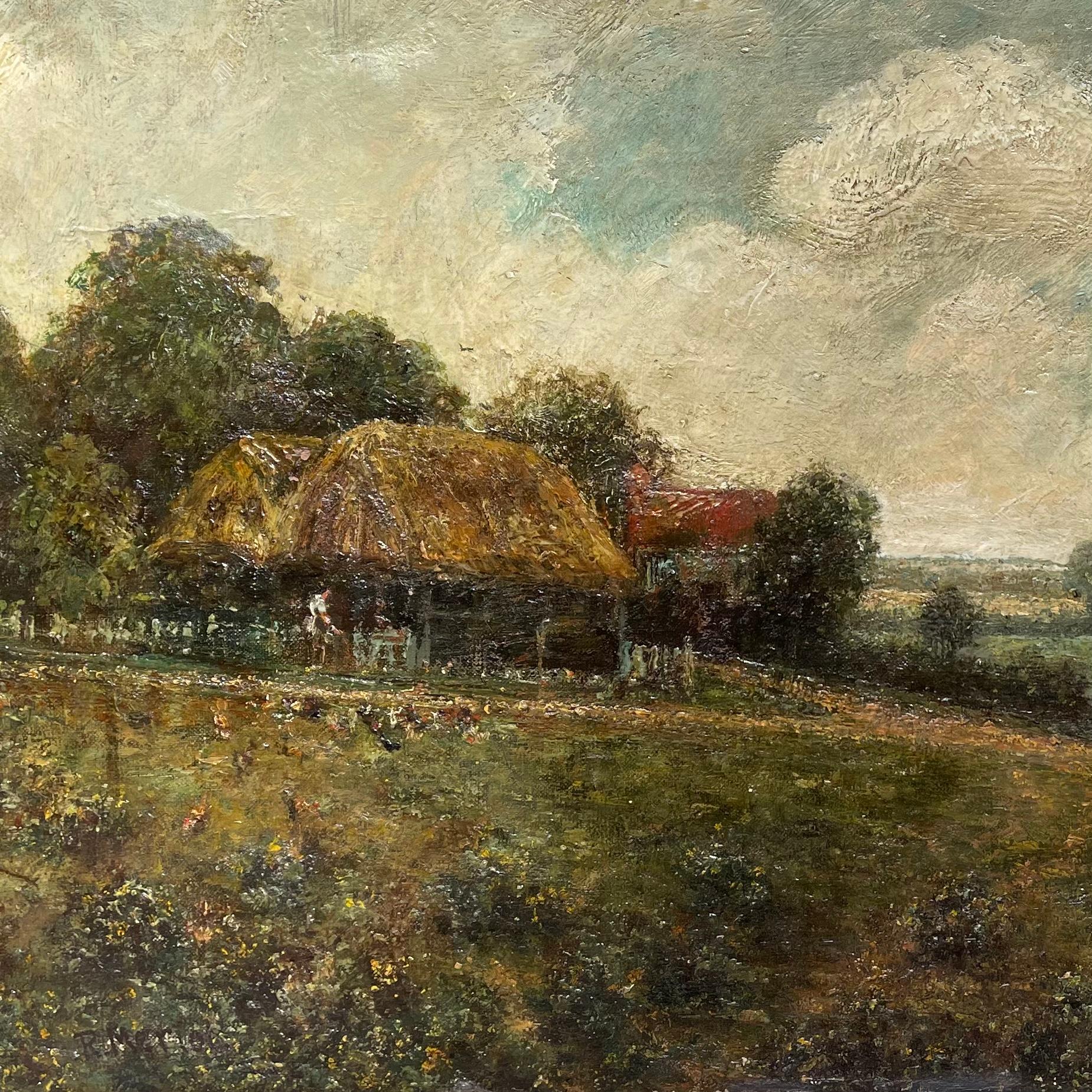 Landscape With Farmhouse, Farmers and a Horse by R.Meriot, French 19th Century - Impressionist Painting by Unknown