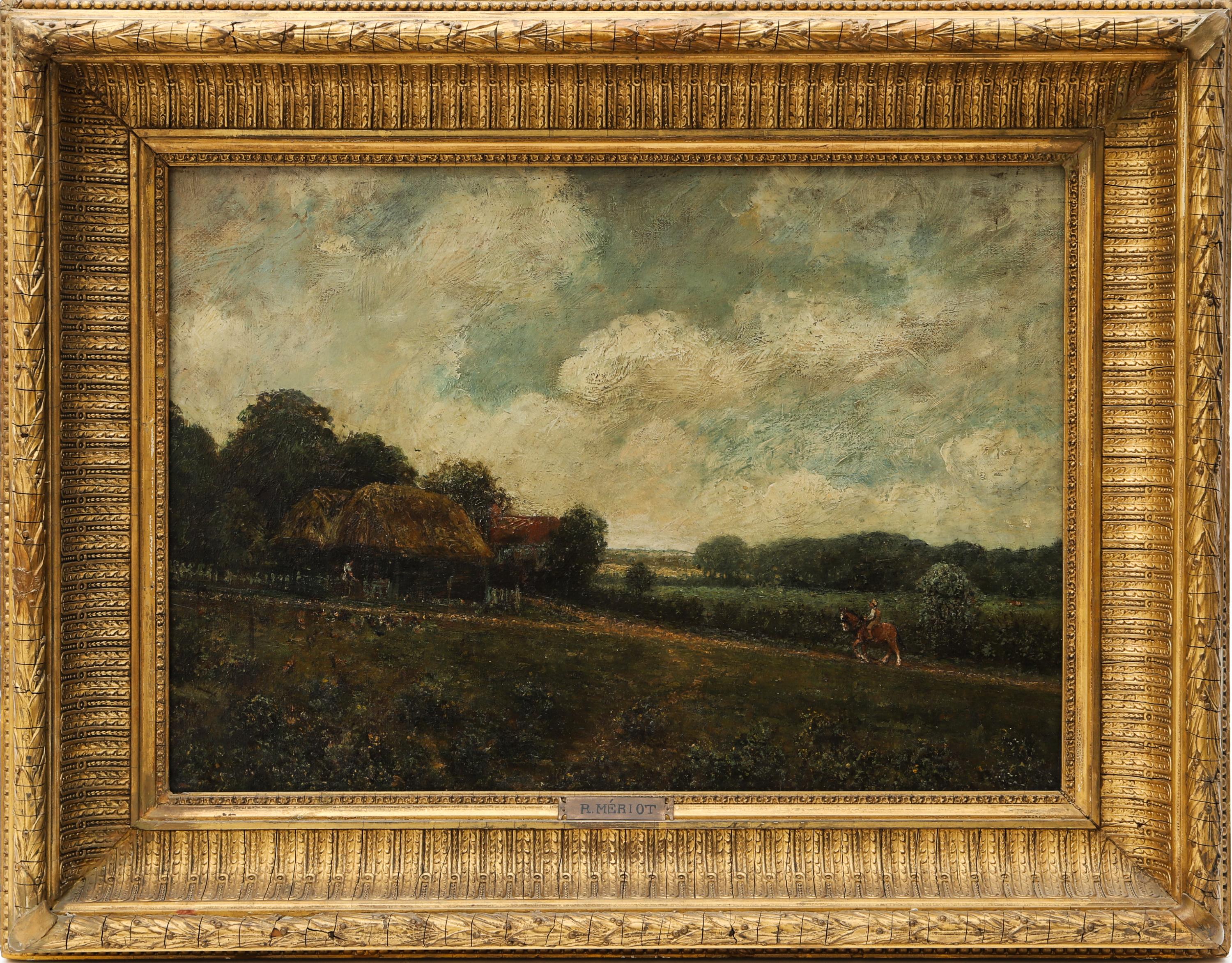 Unknown Landscape Painting - Landscape With Farmhouse, Farmers and a Horse by R.Meriot, French 19th Century