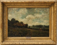 Landscape With Farmhouse, Farmers and a Horse by R.Meriot, French 19th Century