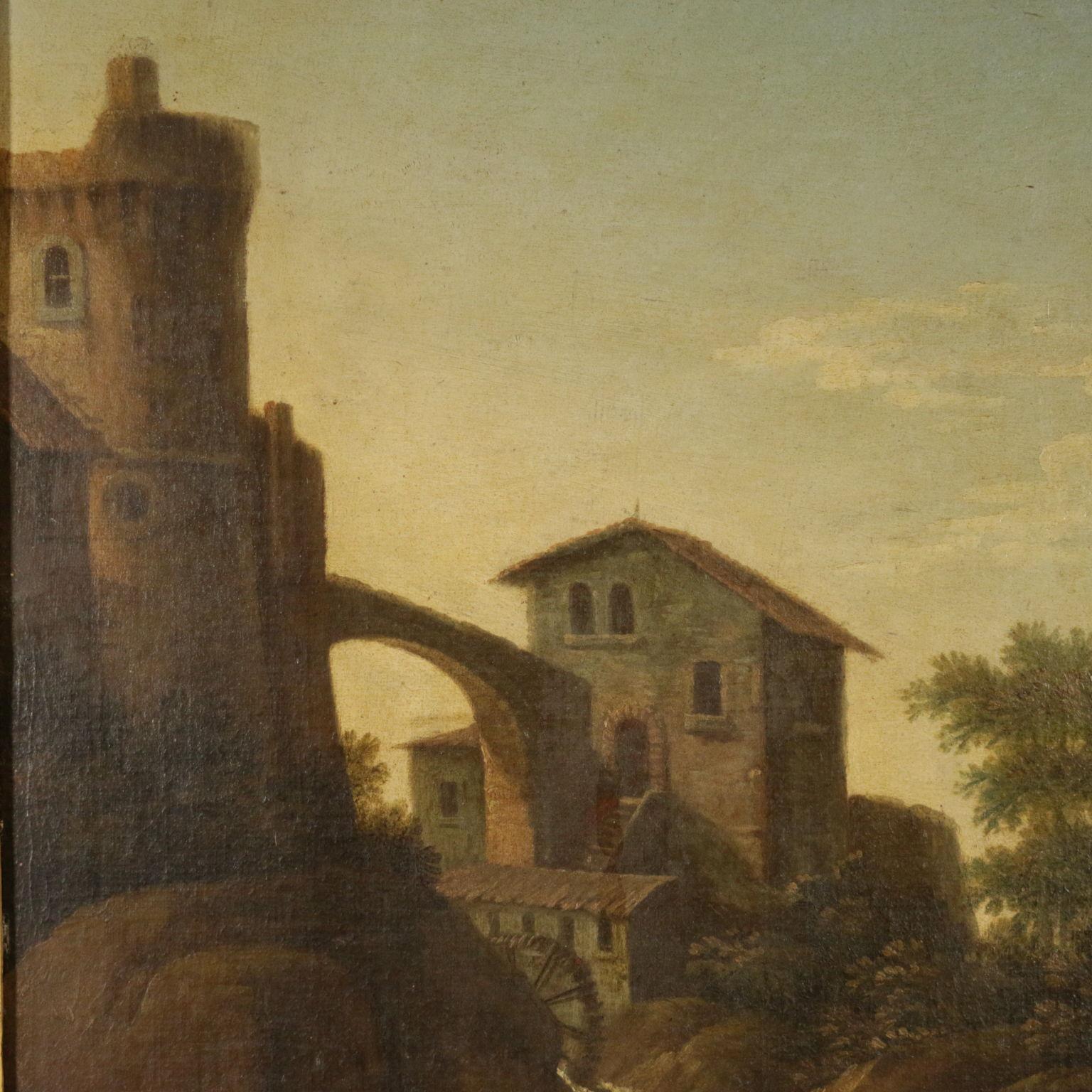 Landscape with Figures and Buildings Oil on Canvas 18th Century 1