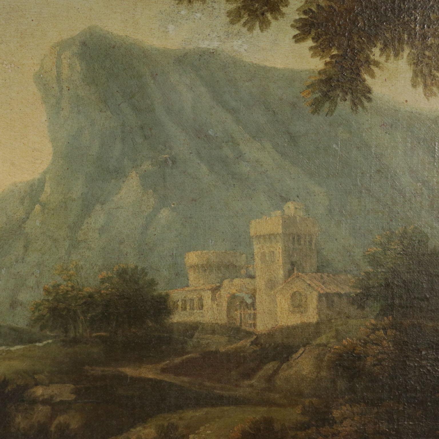 Landscape with Figures and Buildings Oil on Canvas 18th Century 2