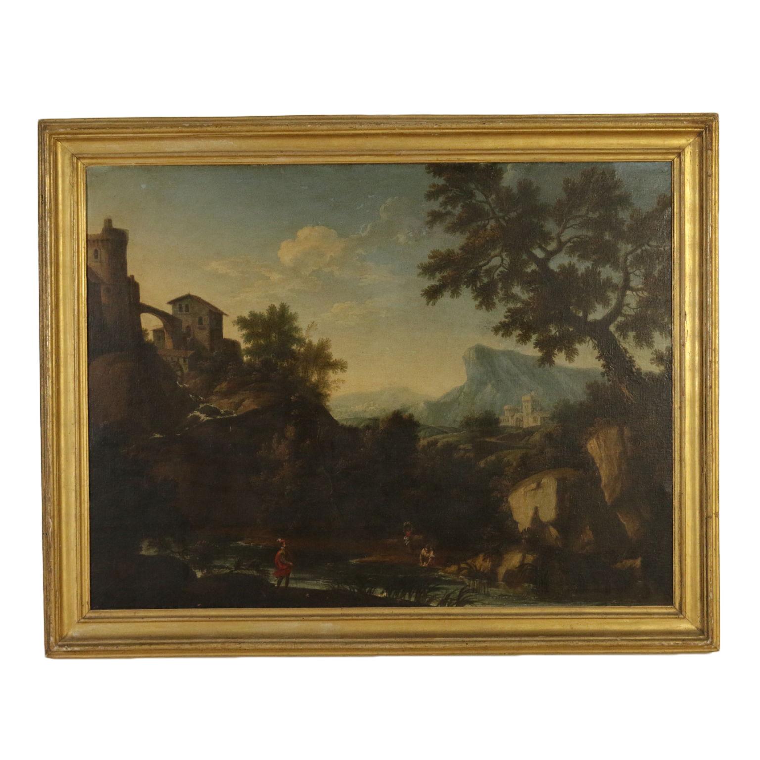 Unknown Landscape Painting - Landscape with Figures and Buildings Oil on Canvas 18th Century