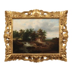 Antique Landscape With Figures And Cattle Oil On Canvas 19th Century