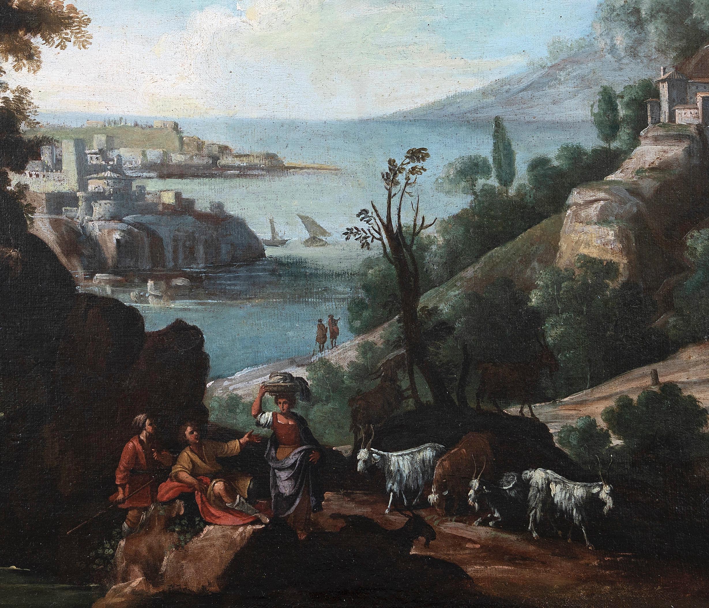 Landscape with Figures and Herd - Original Oil On Canvas - 18th Century - Painting by Unknown