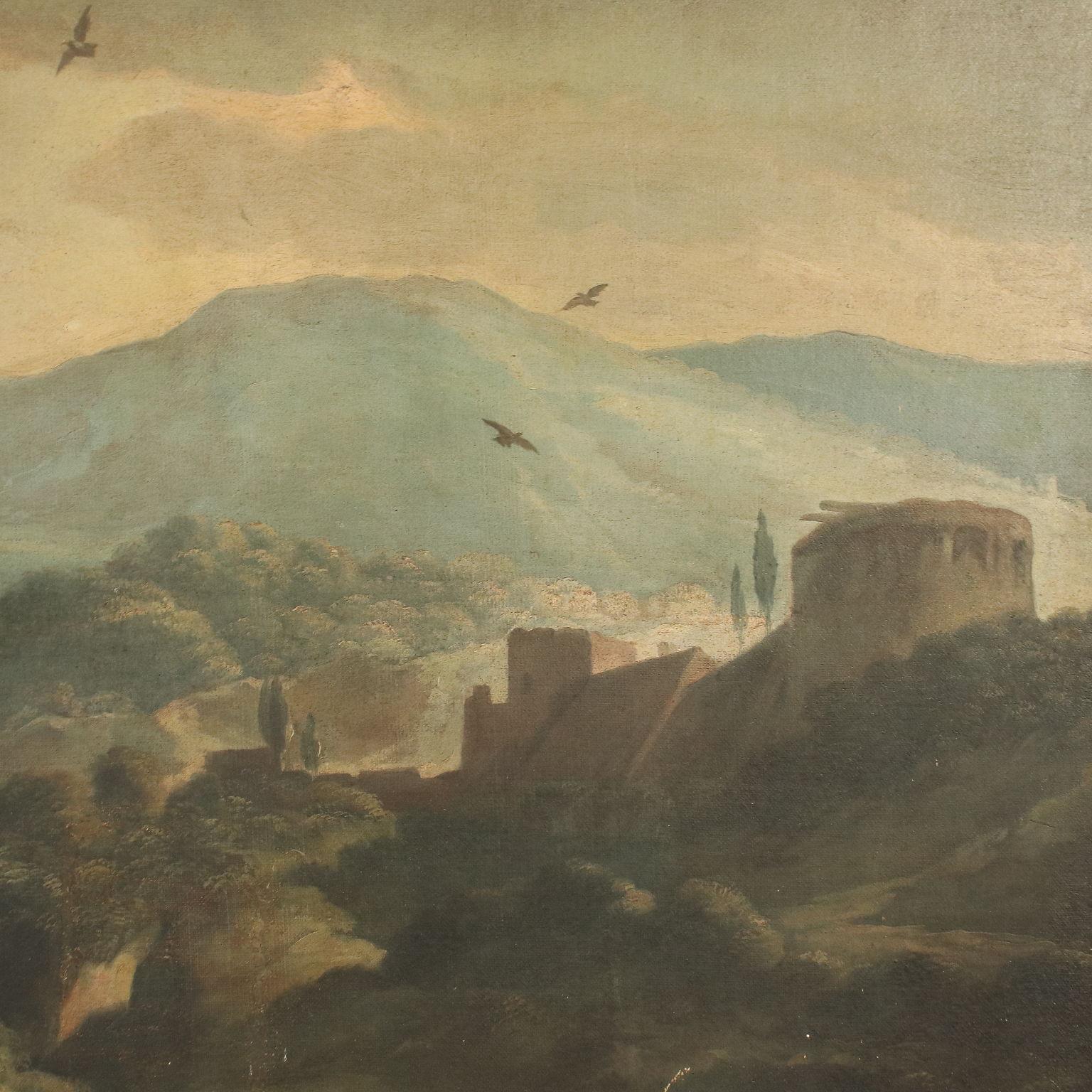 Landscape With Figures And Knights Oil On Canvas 18th Century 5