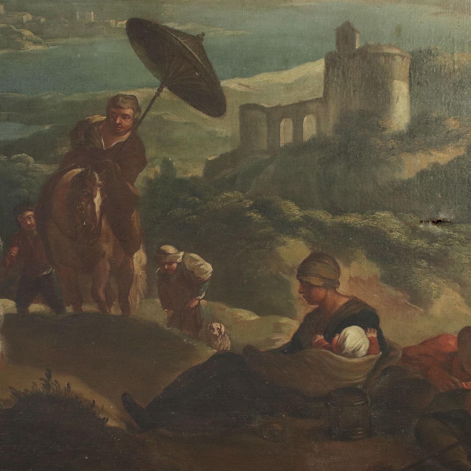Landscape With Figures And Knights Oil On Canvas 18th Century 2