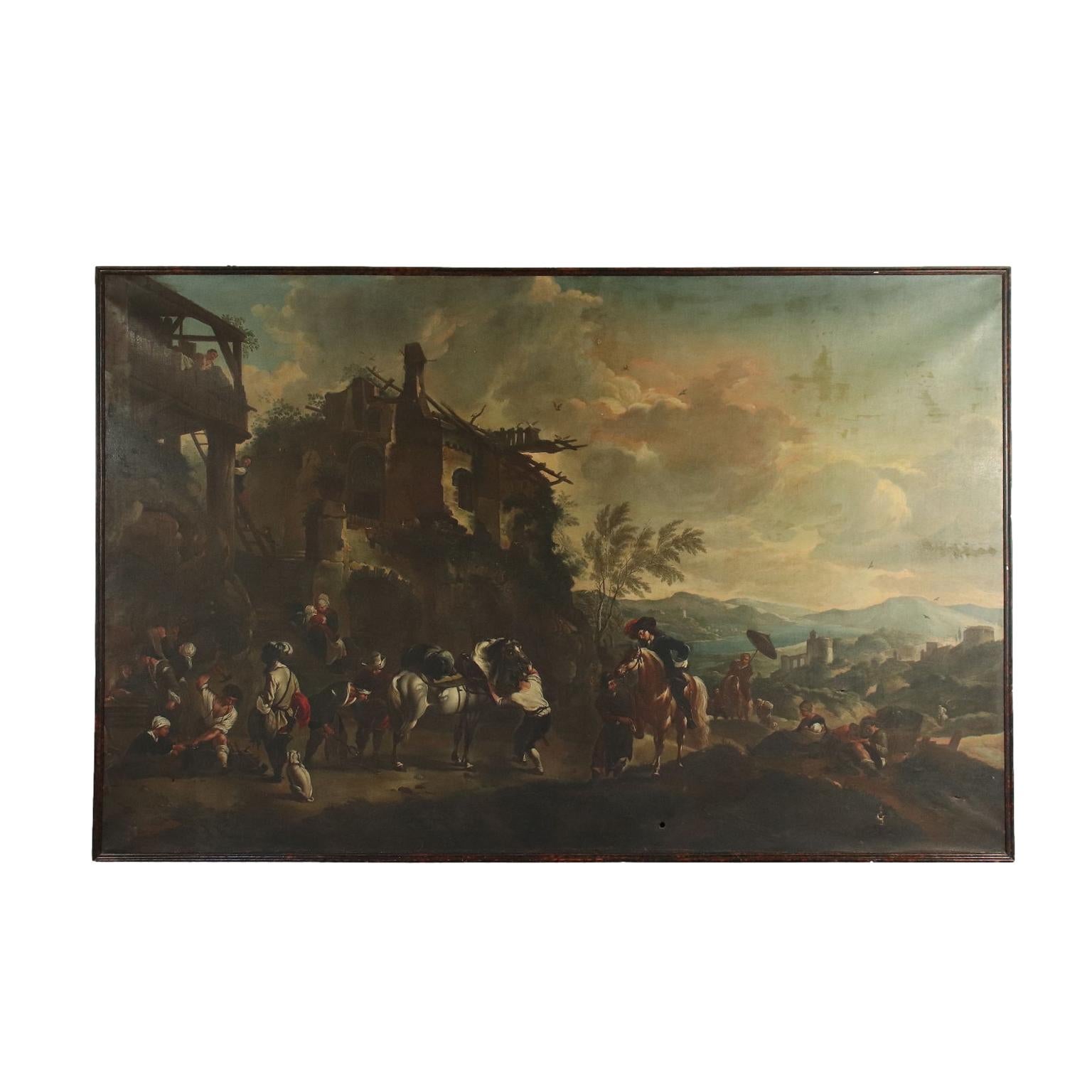 Unknown Landscape Painting - Landscape With Figures And Knights Oil On Canvas 18th Century