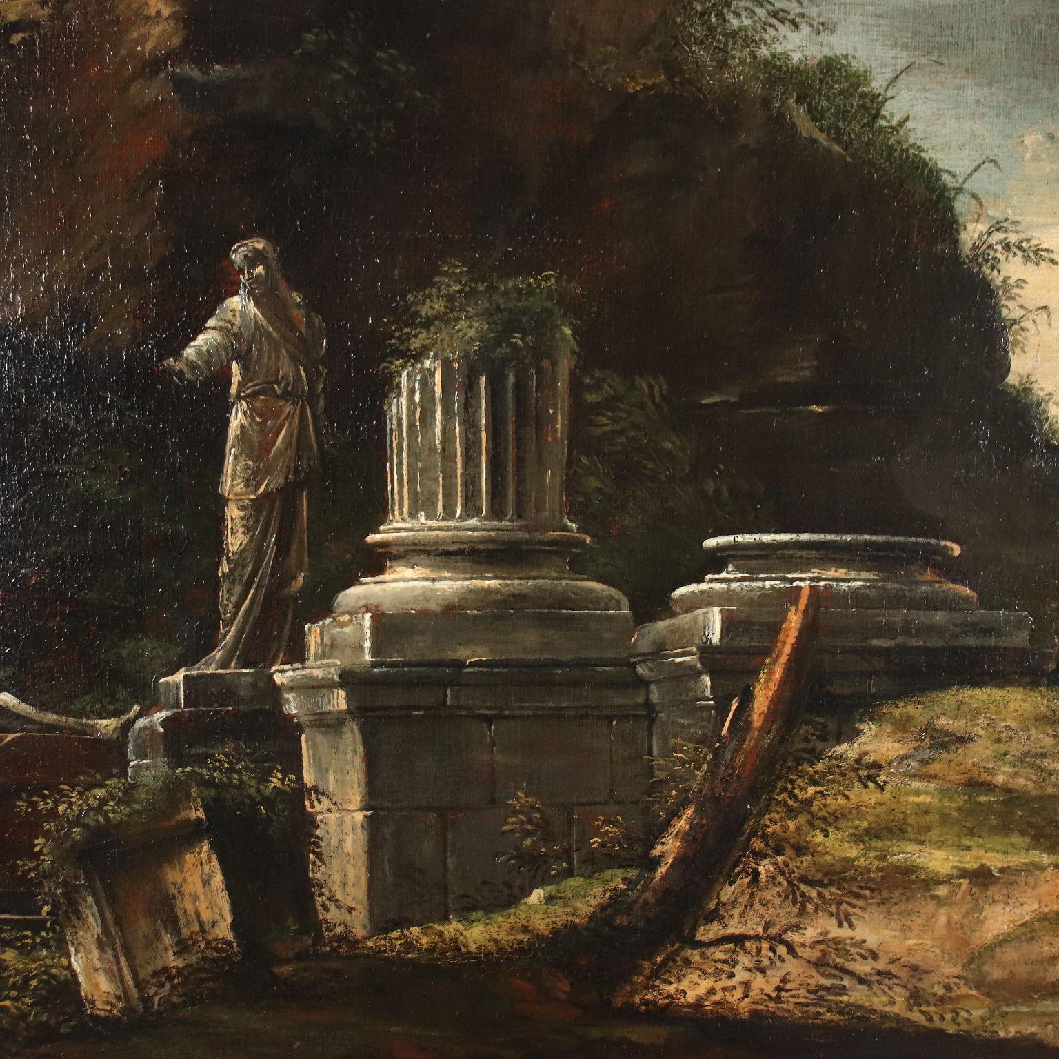 Paysage avec personnages et ruines, XVIIe, XVIIIe siècle - Beige Landscape Painting par Unknown