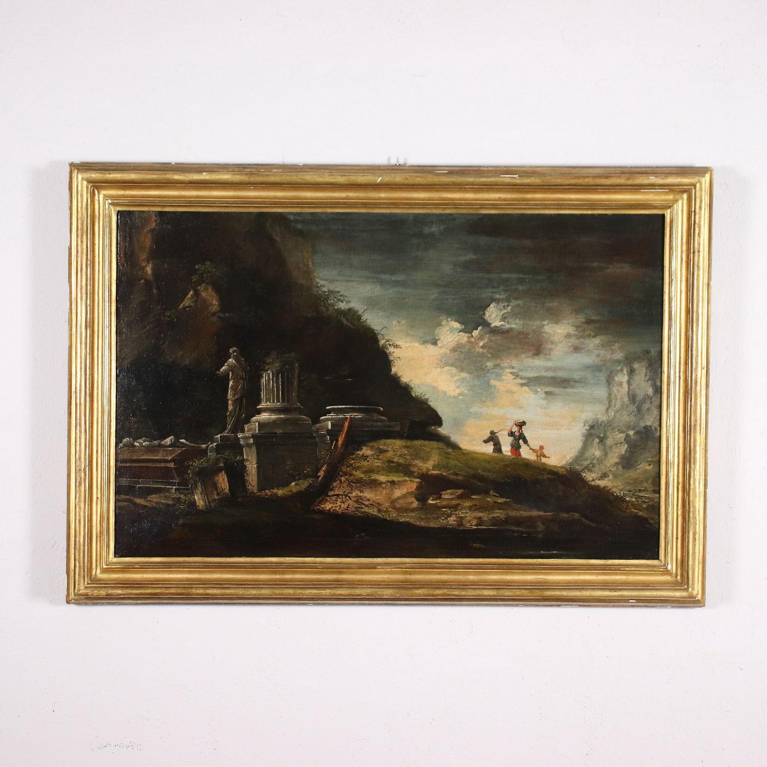 Landscape Painting Unknown - Paysage avec personnages et ruines, XVIIe, XVIIIe siècle