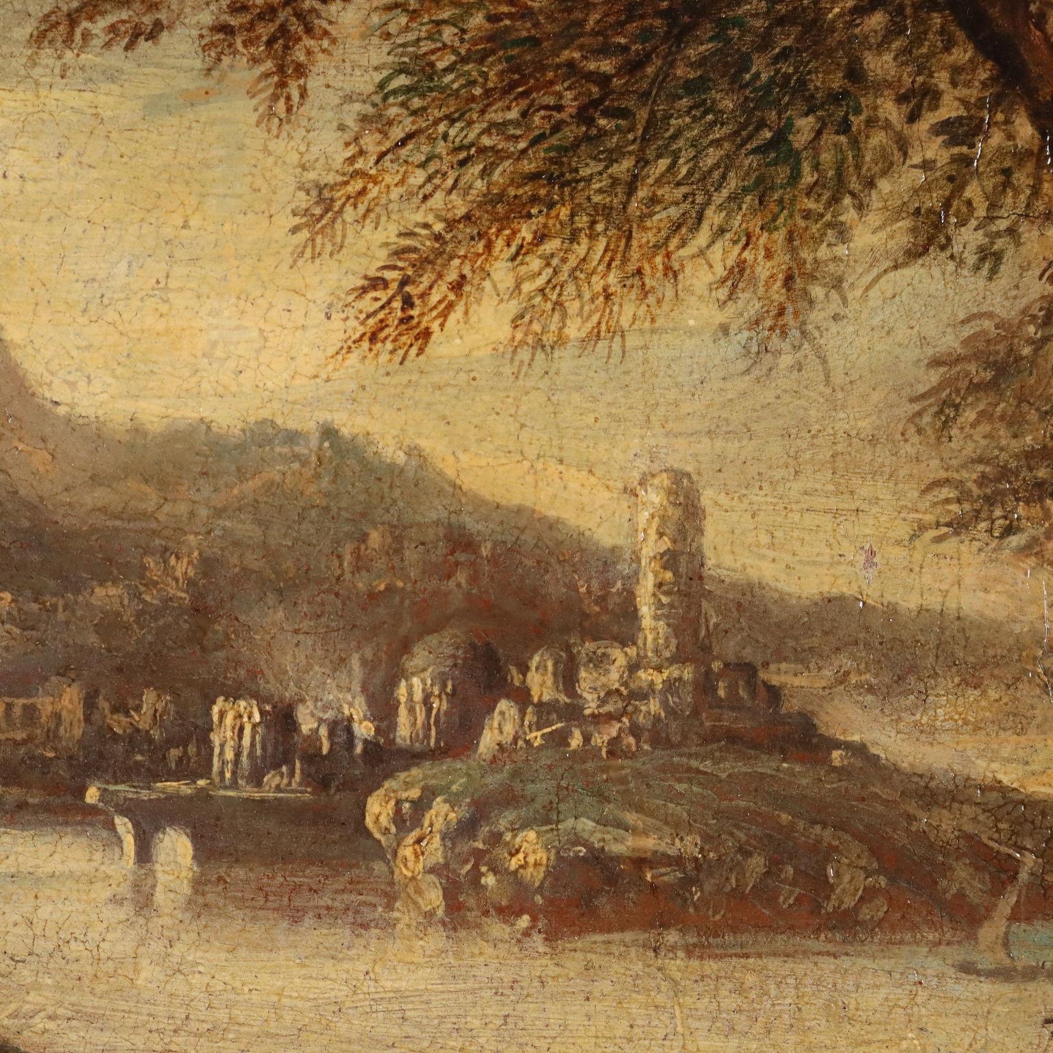 Paesaggio con figure di santi, Sant'Antonio Abate e San Paolo l'Eremita - Landscape Painting Marrone di Unknown