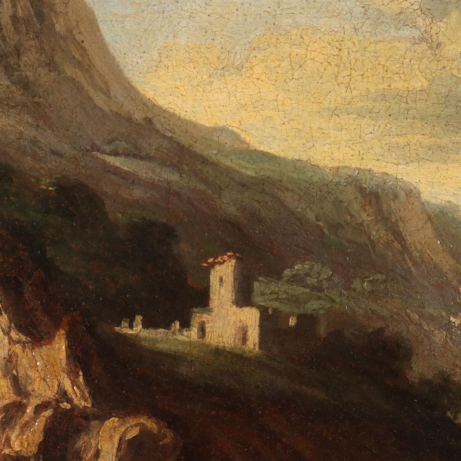 Pittura a olio su tela. Si tratta di un grande paesaggio nordico, dominato da cime rocciose sulla sinistra e da un lago con un'isola centrale sulla destra; in primo piano alcune figure che raccontano la leggenda di San Paolo Eremita, sulla sinistra,