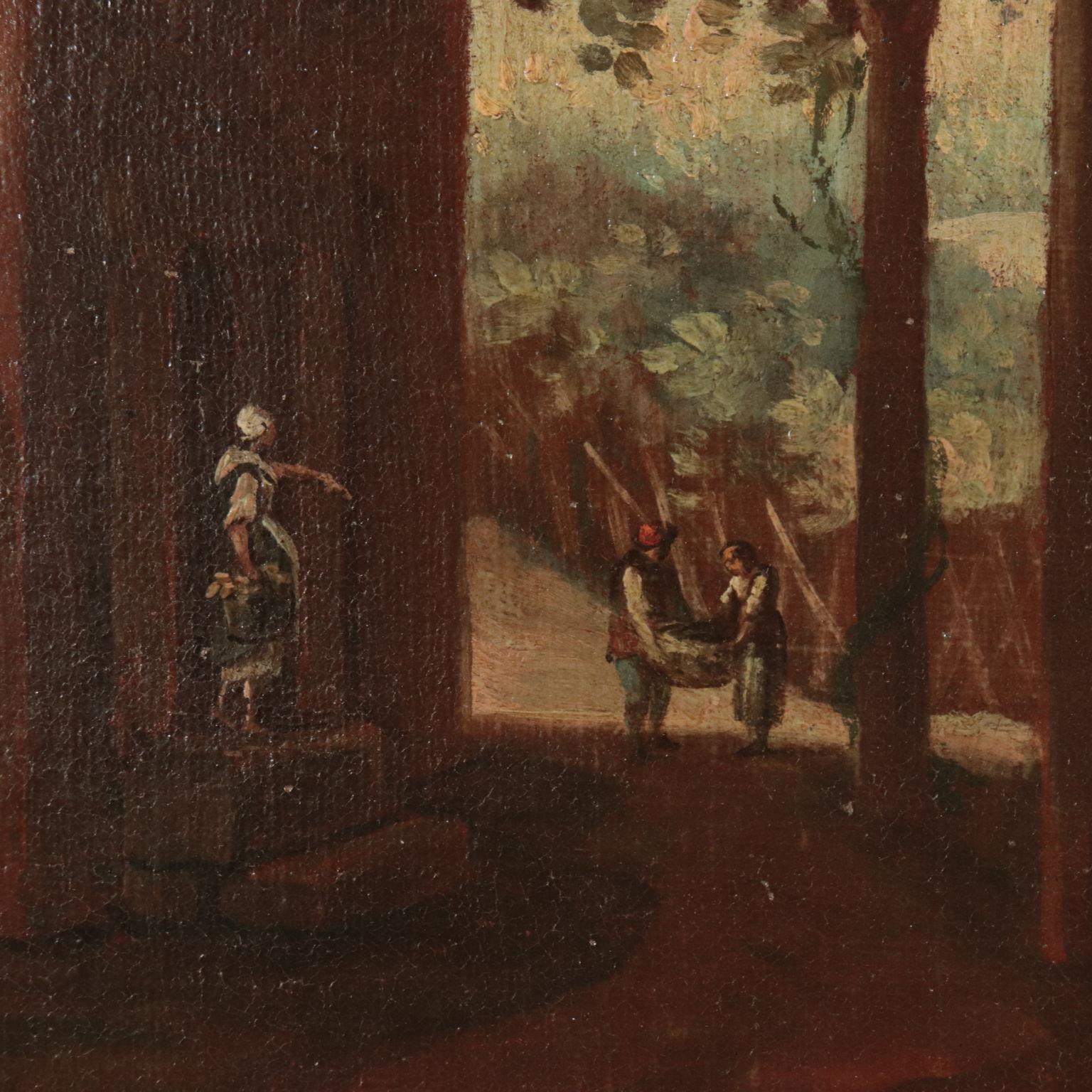 Landscape With Figures Oil On Canvas 17th 18th Century, The Grape Harvest - Brown Landscape Painting by Unknown