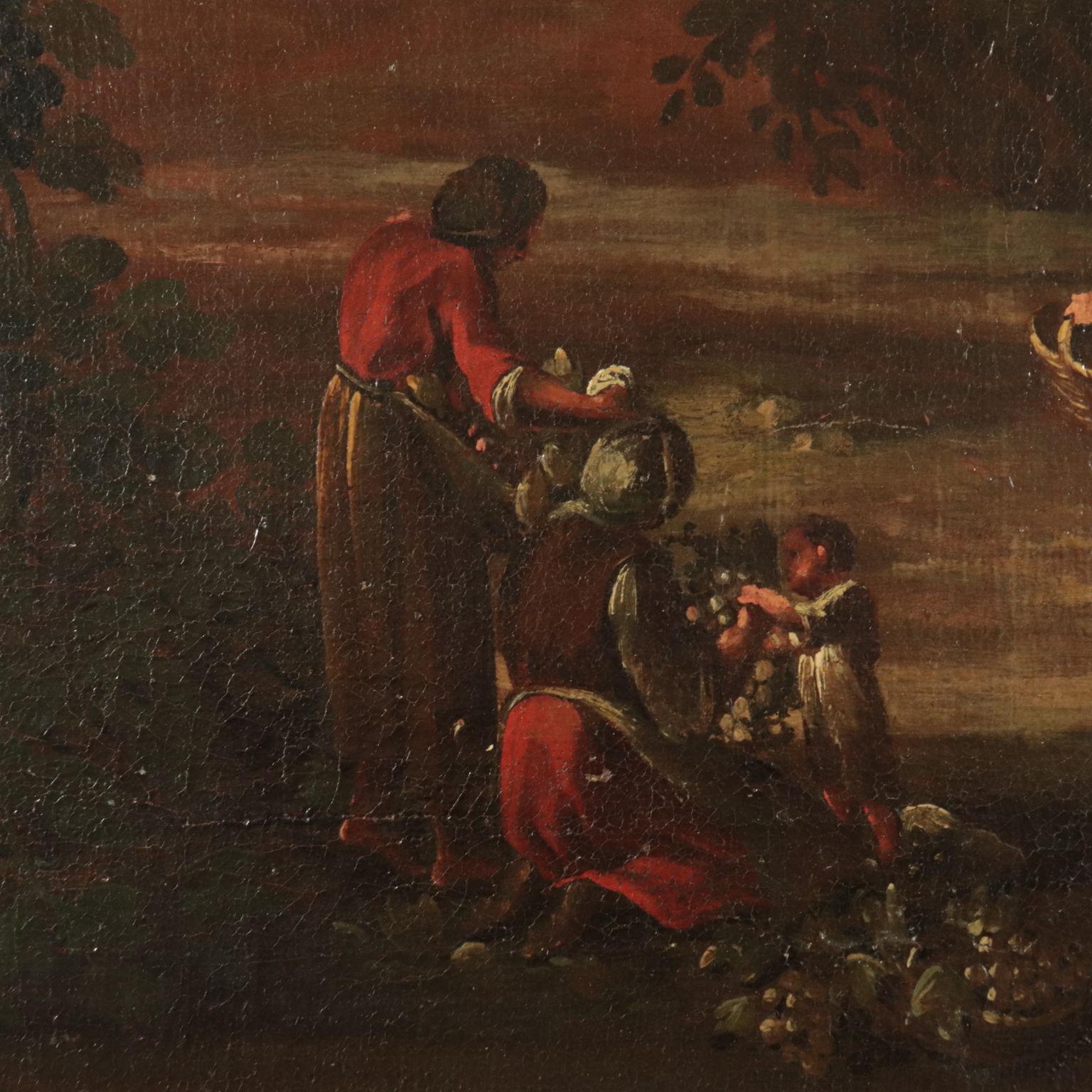 Landscape With Figures Oil On Canvas 17th 18th Century, The Grape Harvest 2
