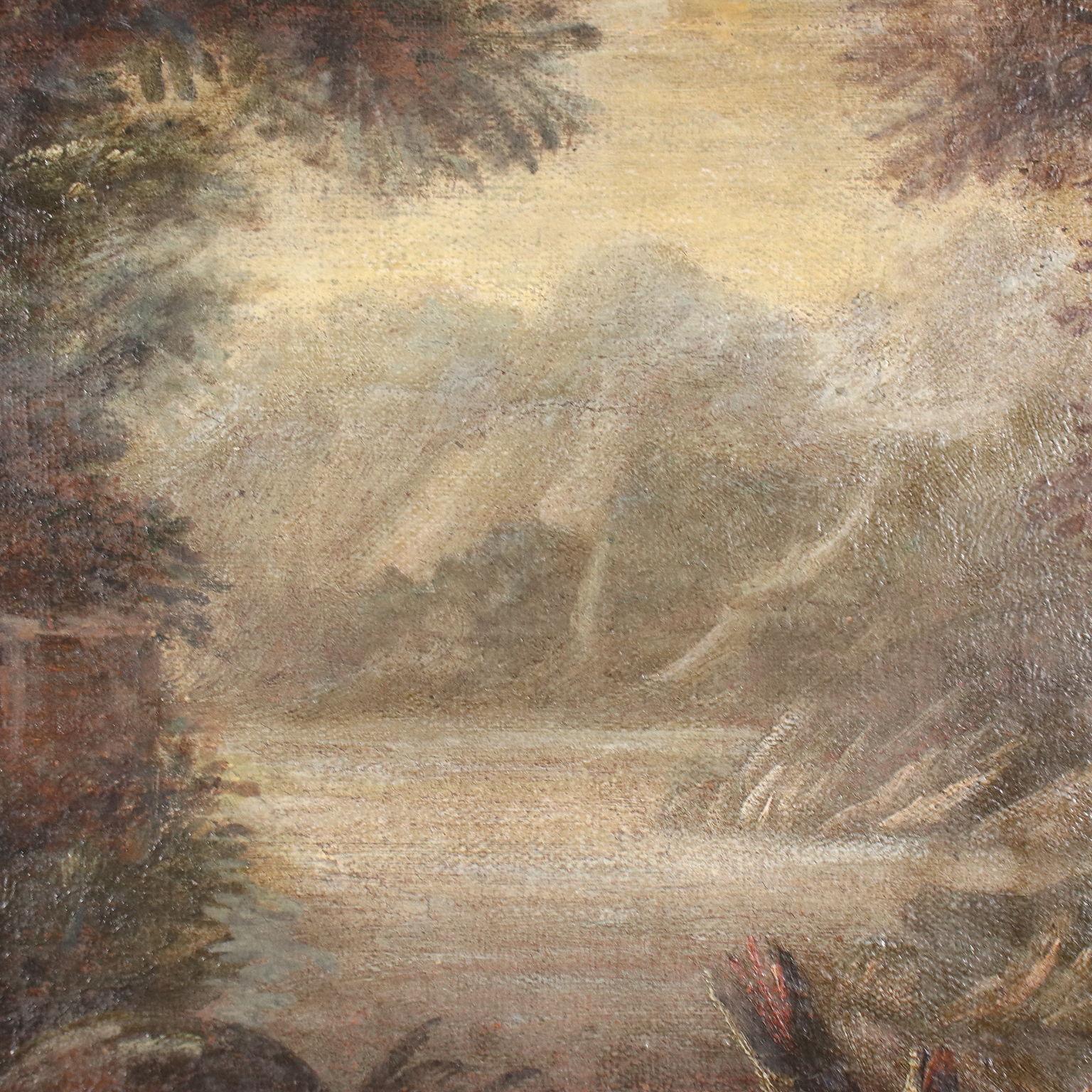 Landscape with Figures, oil on canvas, 18th century - Brown Landscape Painting by Unknown