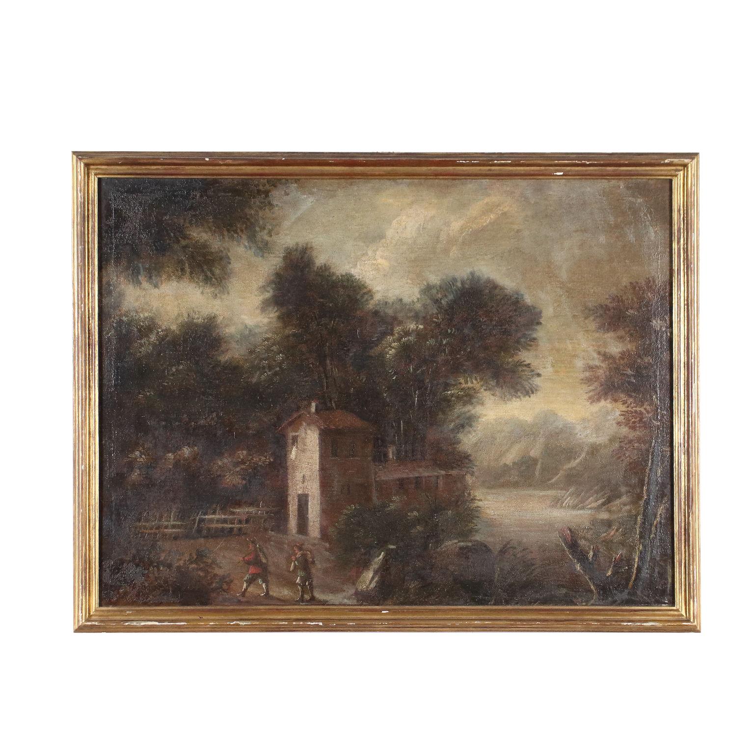 Unknown Landscape Painting - Landscape with Figures, oil on canvas, 18th century