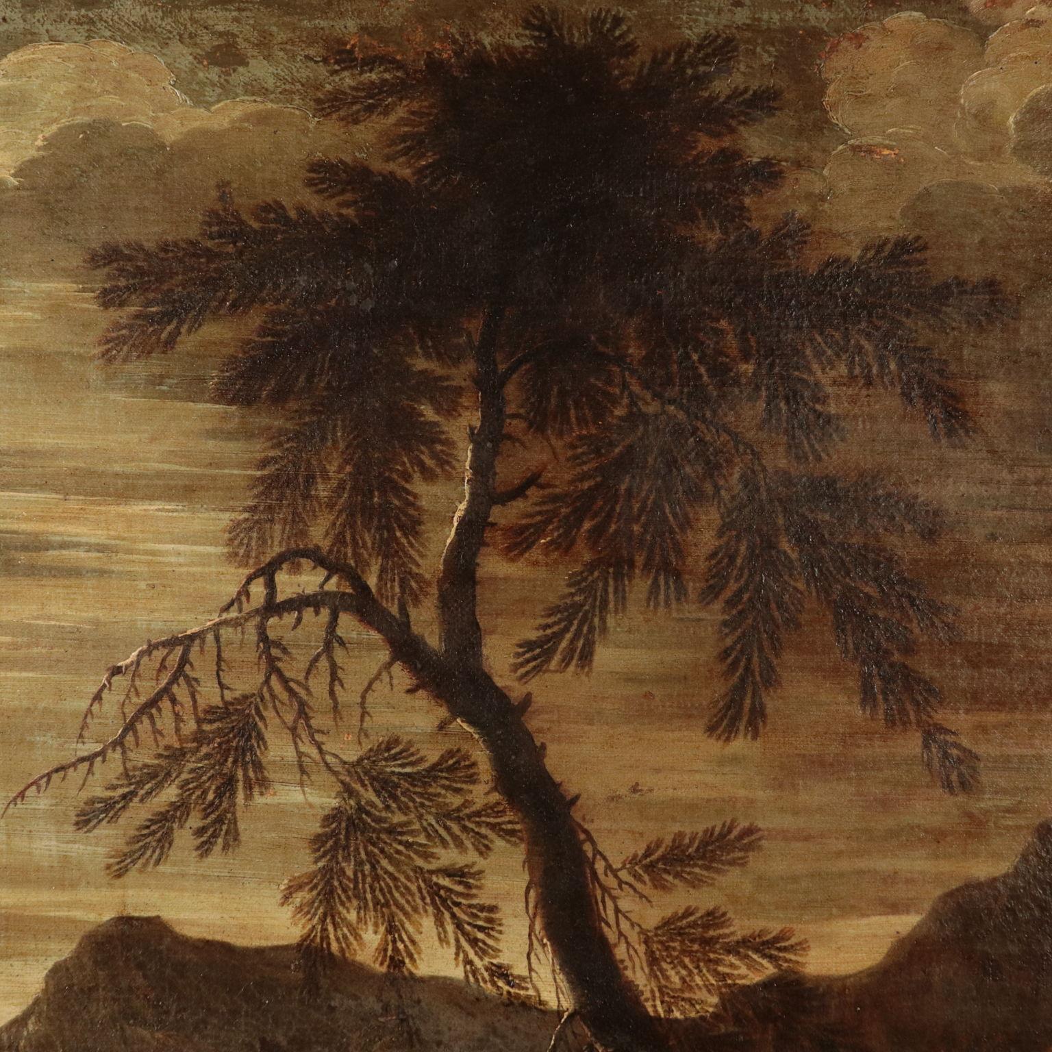 Landscape with Figures, Oil on Canvas, Italian School 17th Century - Brown Landscape Painting by Unknown