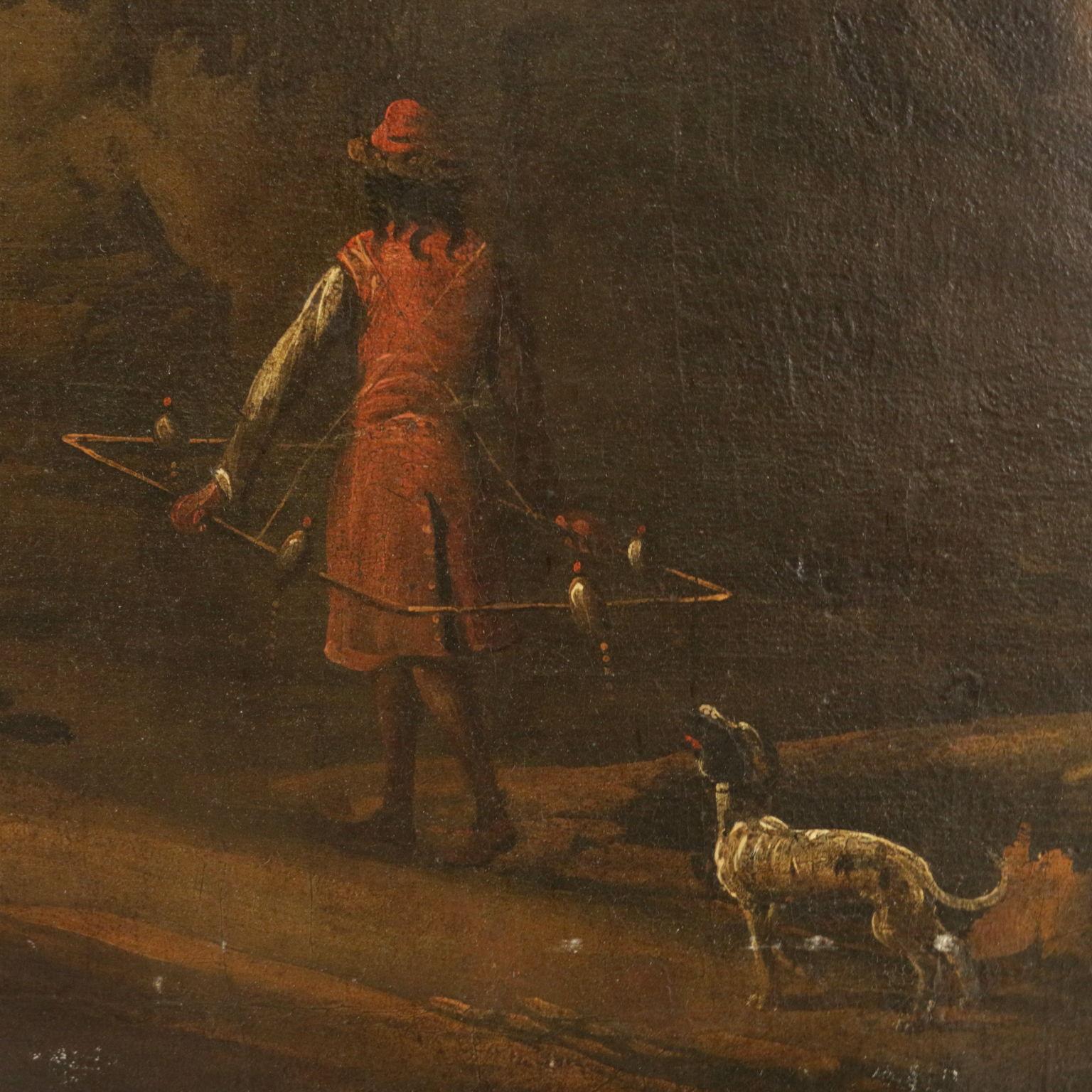 Big oil on canvas. Italian school. In the wide scene, dominated on the right by a river flowing towards the city, there are wayfarers on the path, a woman with a basket of cloths and an hunter with his fowling tool in the front, Restored. Framed.