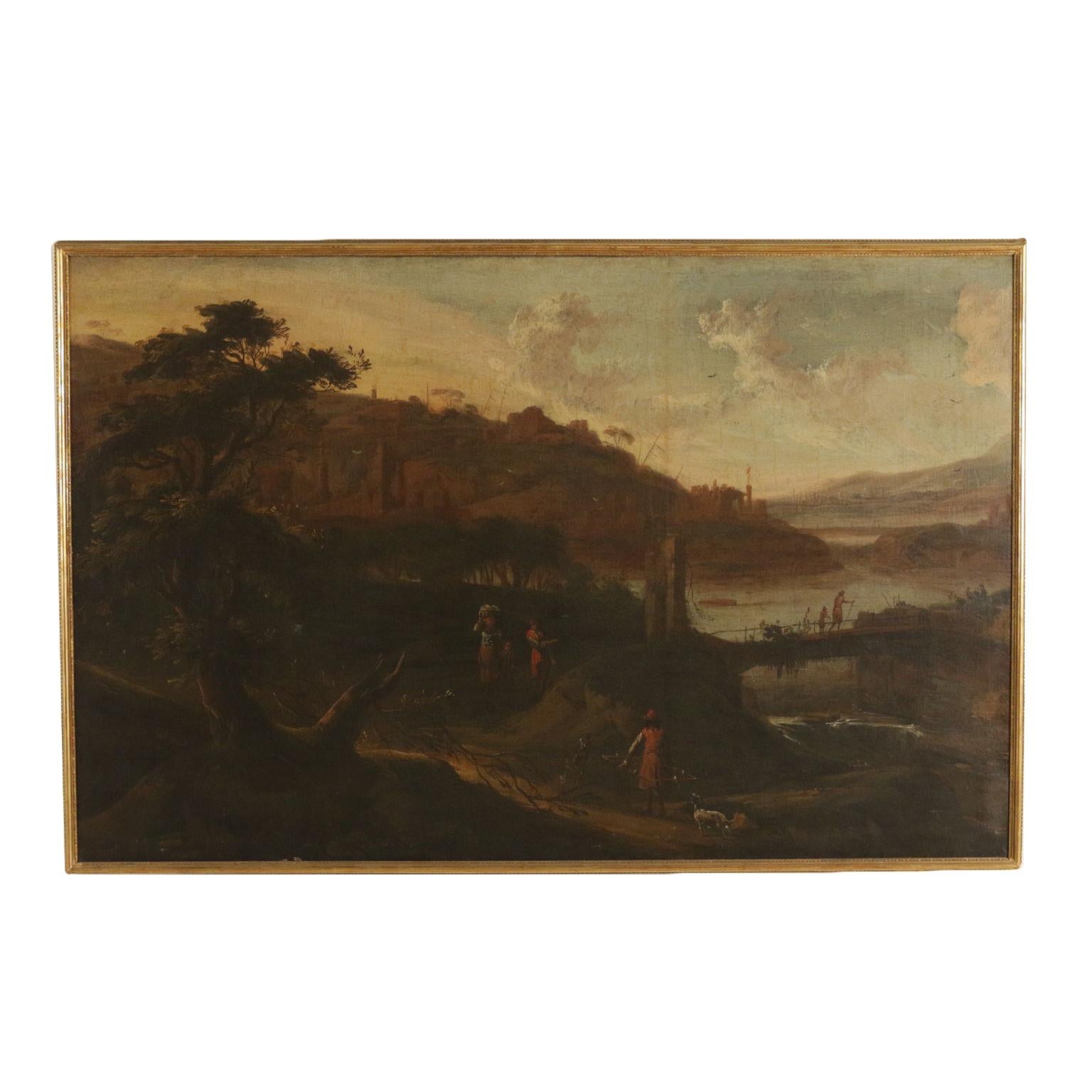 Unknown Landscape Painting - Landscape with Figures, Oil on Canvas, Italian School 18th Century