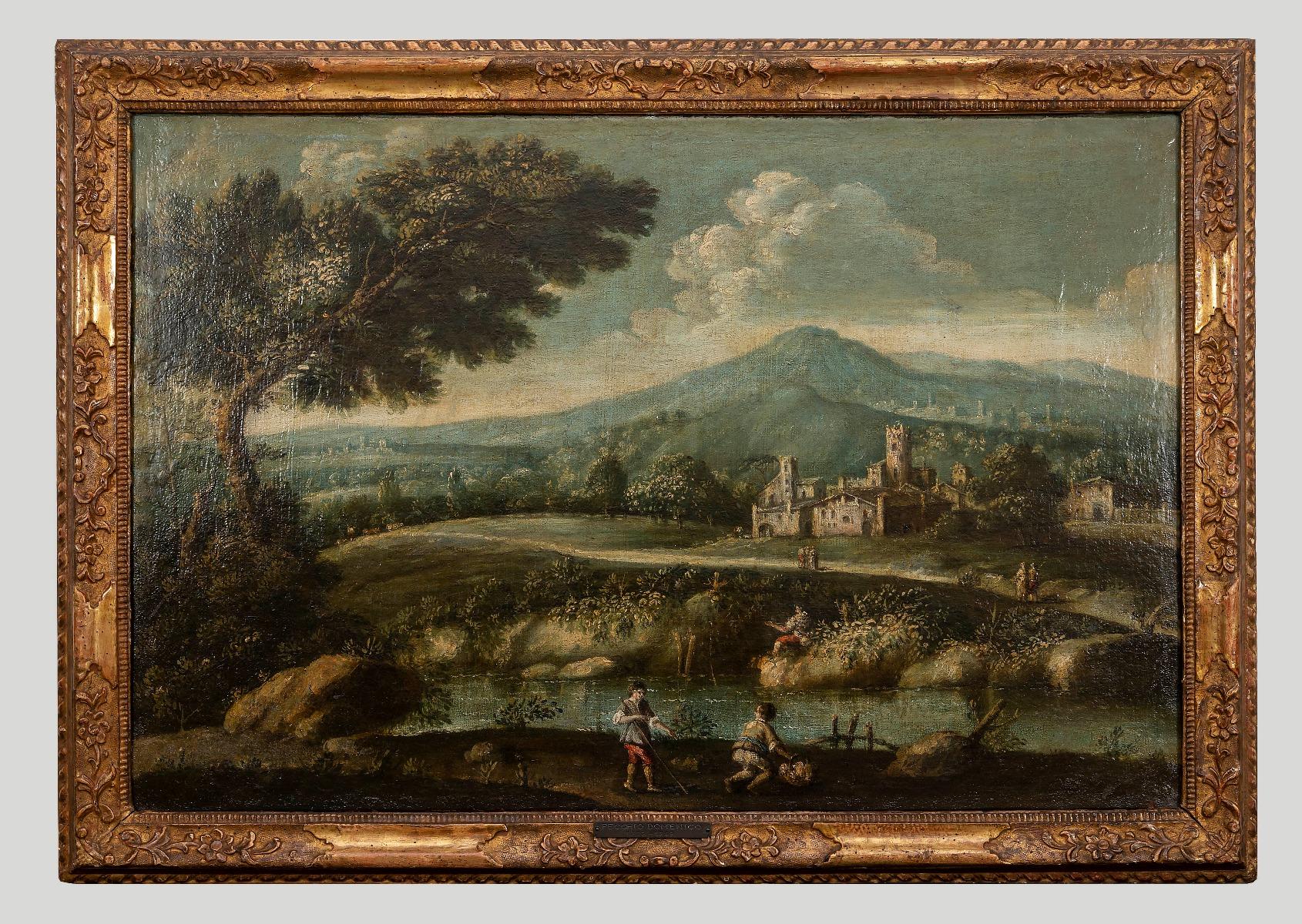 Landschaft mit Figuren – Original-Ölgemälde auf Leinwand – 18. Jahrhundert