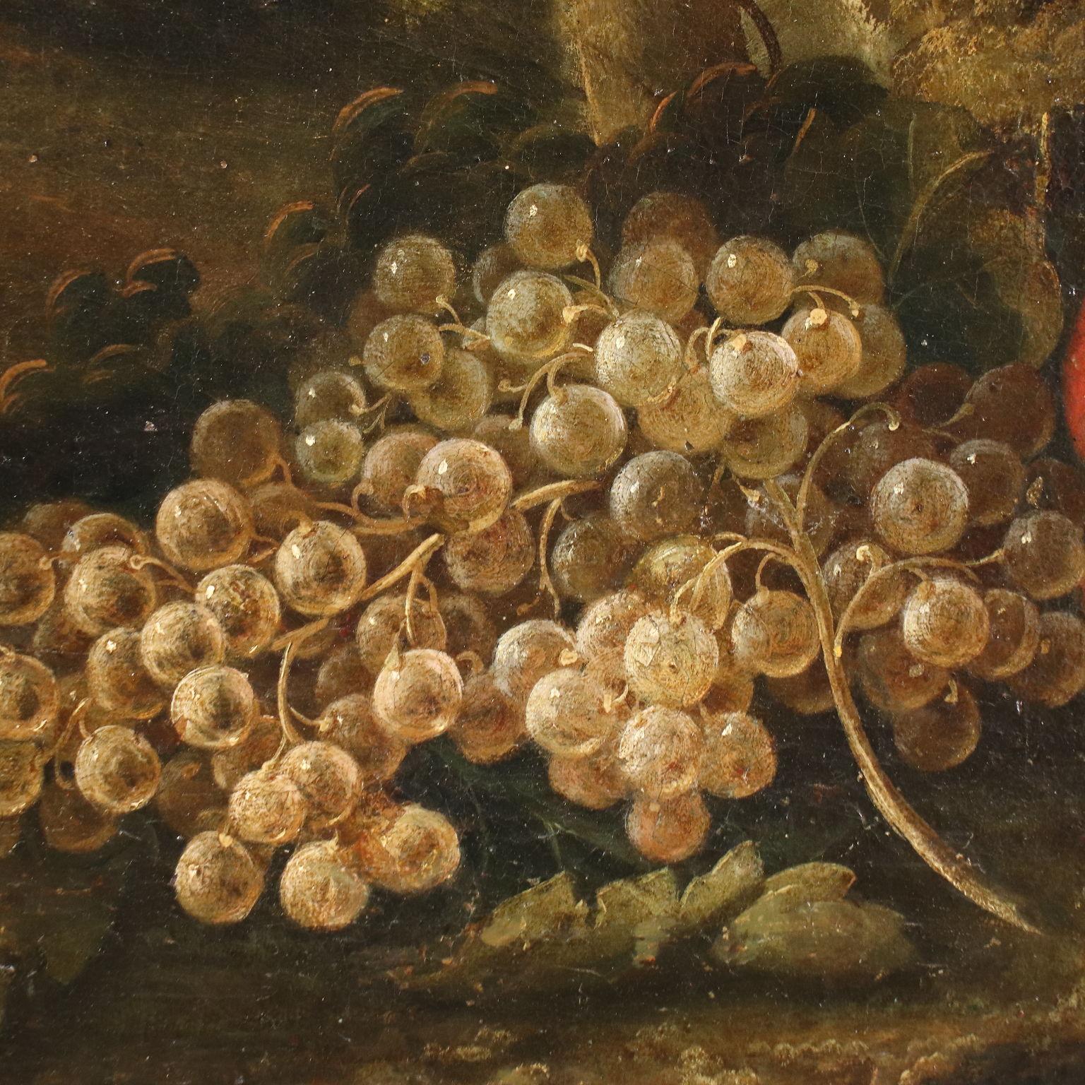Paysage avec composition de fruits et d'oiseaux, XVIIIe siècle en vente 1