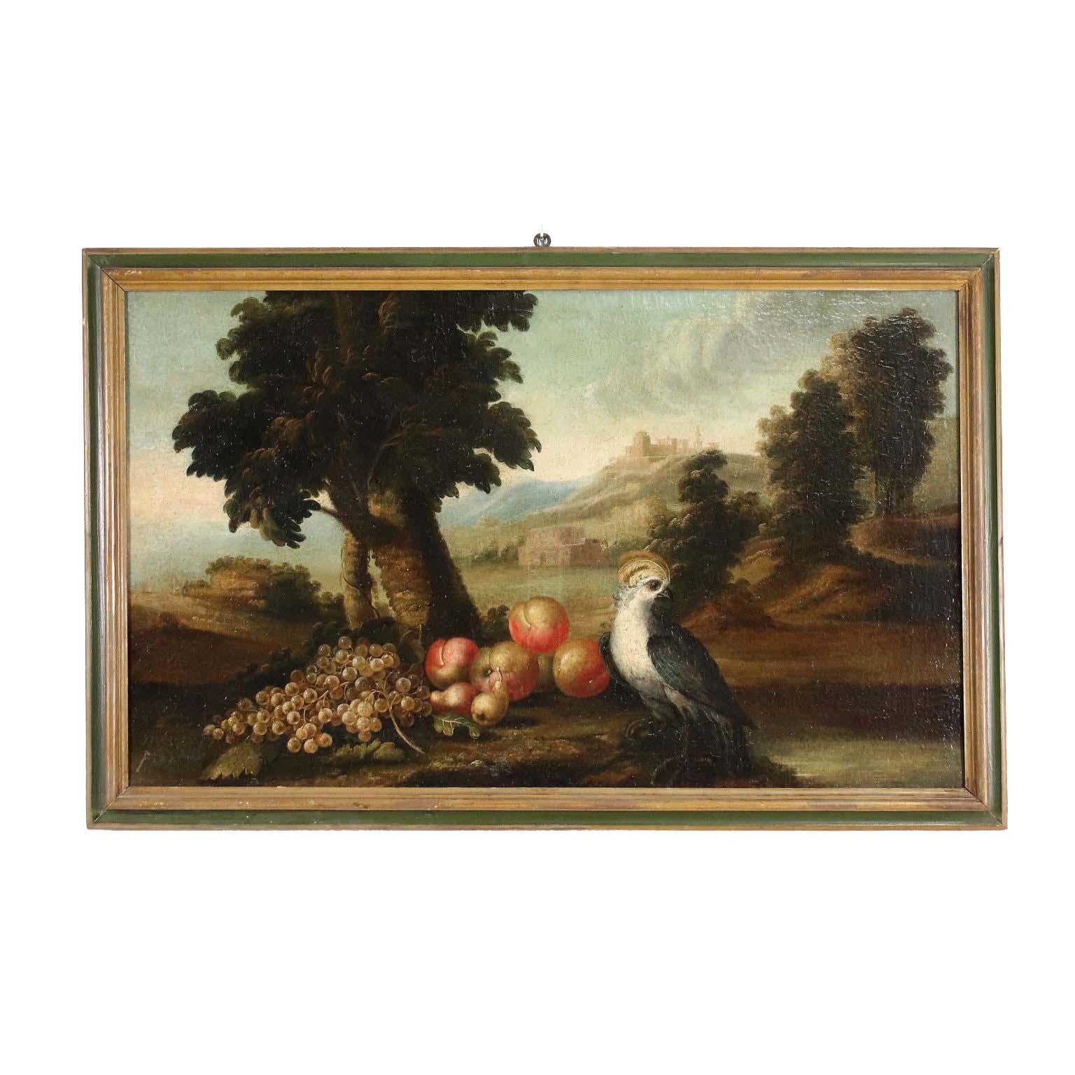 Landscape Painting Unknown - Paysage avec composition de fruits et d'oiseaux, XVIIIe siècle