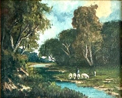 Landscape with Goats at Water’s Edge, Attributed to H.J. Krueger