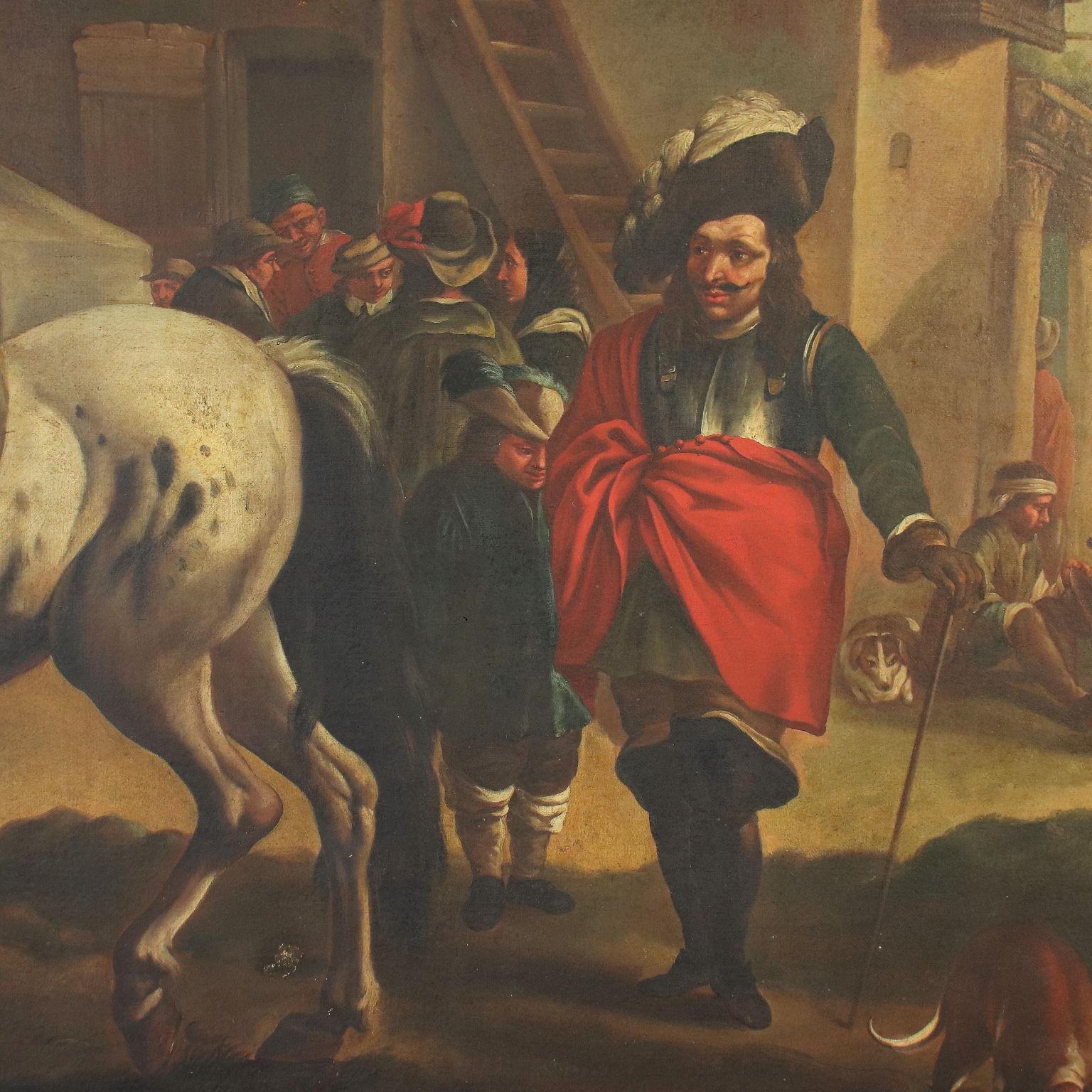 Oil on canvas.
The large scene is set at the entrance of a village near a stop for horses: numerous horsemen are standing with their animals, which are looked after by the servants and the peasants who fill the manger with hay; one of the servants,