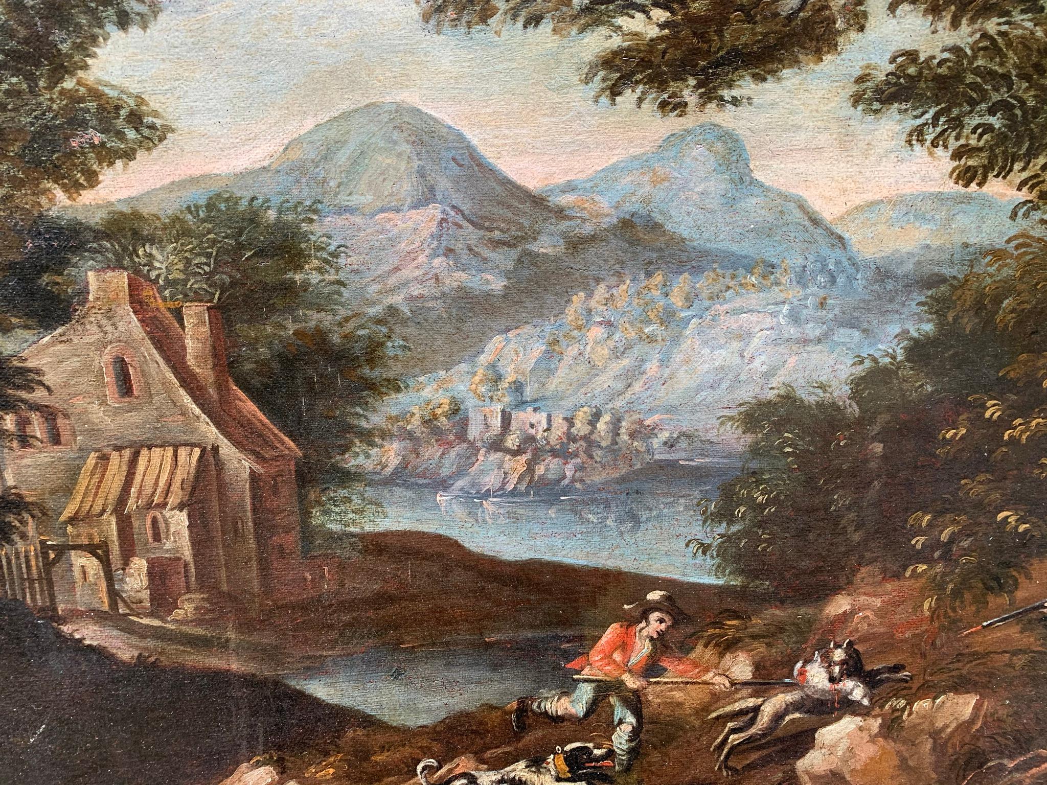 Landscape With Hunters By A Lake. 18th Century. For Sale 6