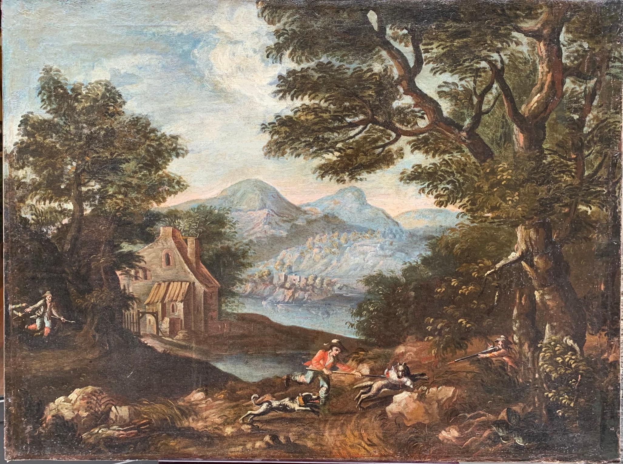Paysage avec des chasseurs au bord d'un lac. XVIIIe siècle. - Painting de Unknown