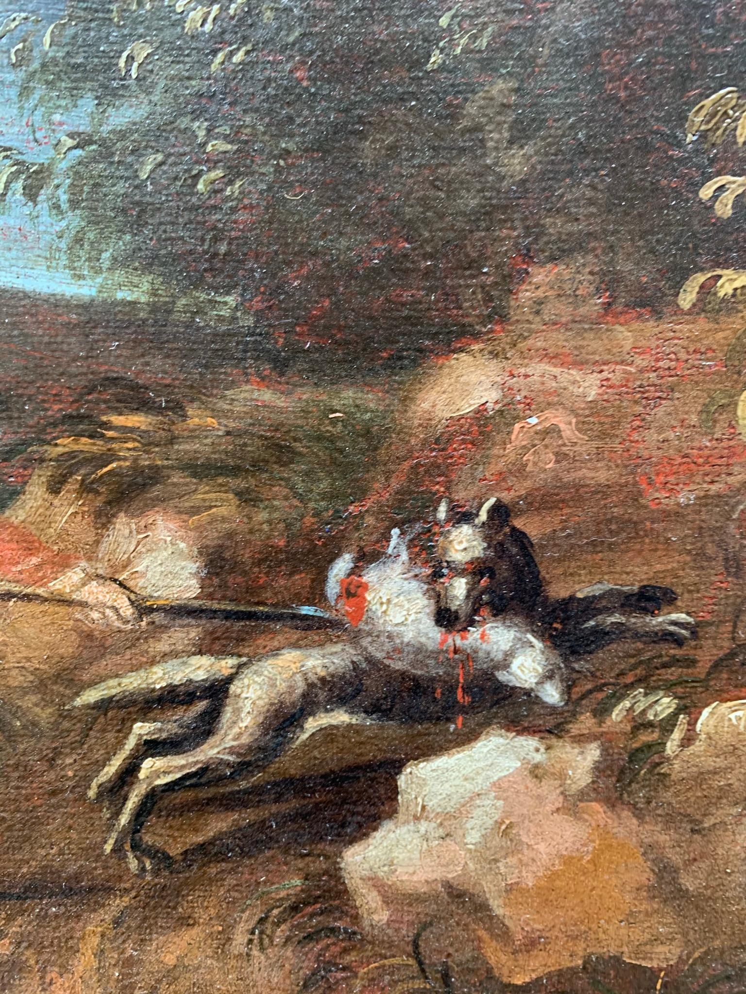 Landscape with hunters by a lake.
18th century.
Oil painting on canvas, from the French or Northern Italian school, Louis XV period.
Probably part of the door decoration in an interior of a villa in the countryside.

During the restoration, the