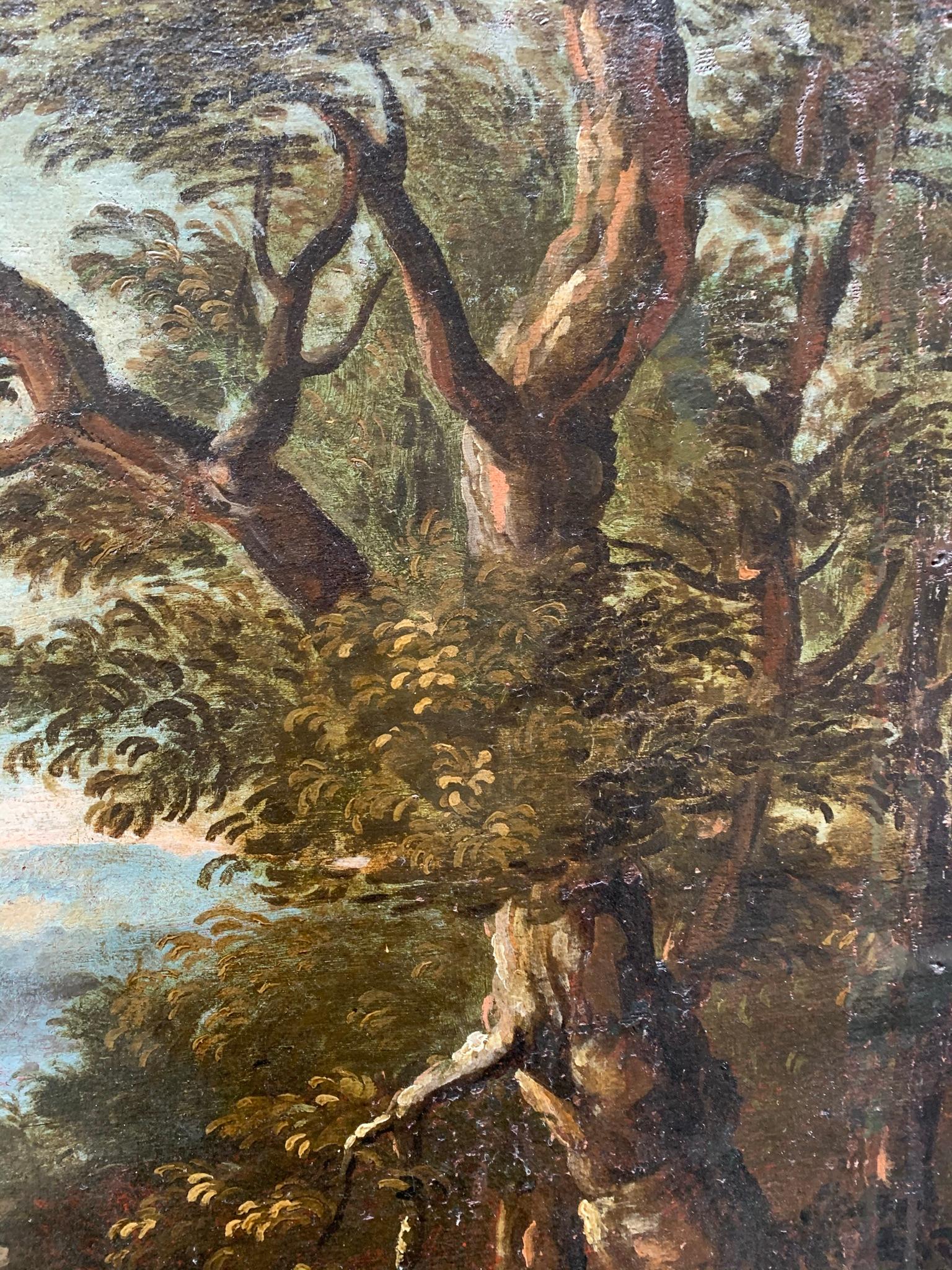 Landscape With Hunters By A Lake. 18th Century. For Sale 3