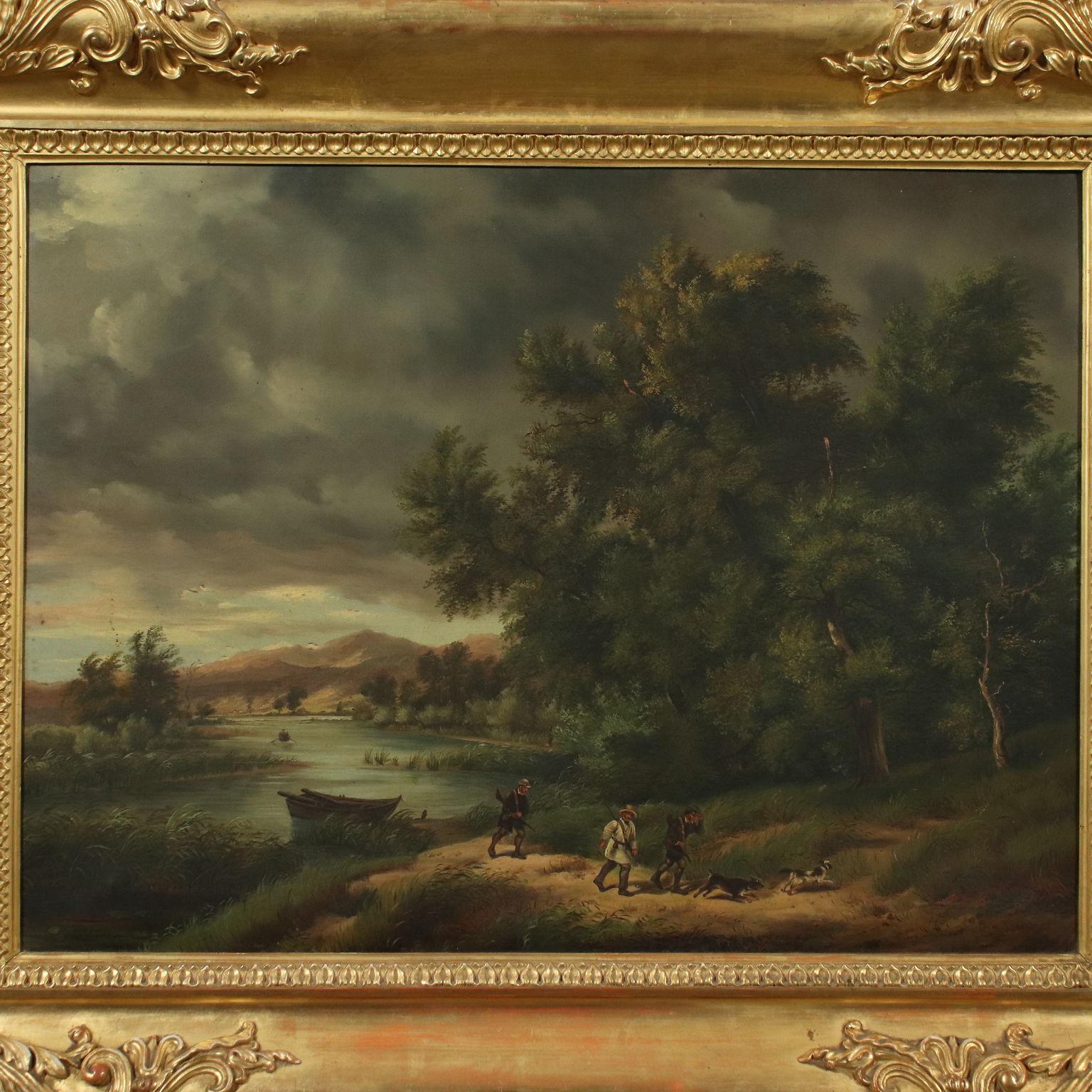 Landscape With Hunters Oil On Canvas 19th Century - Other Art Style Painting by Unknown