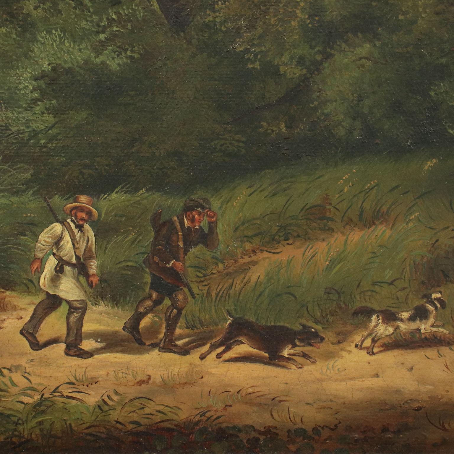 Landscape With Hunters Oil On Canvas 19th Century - Brown Landscape Painting by Unknown