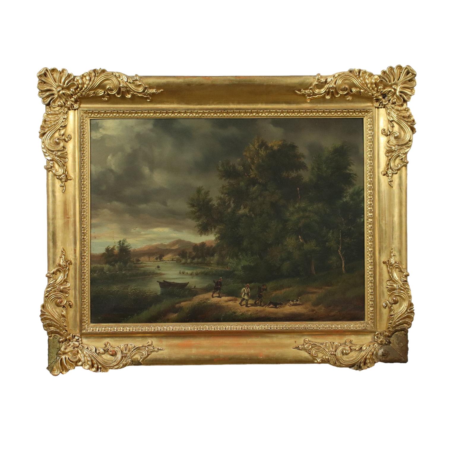 Unknown Landscape Painting - Landscape With Hunters Oil On Canvas 19th Century