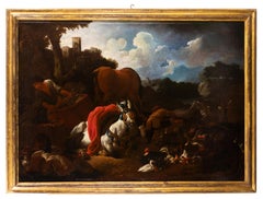 Paisaje con mercaderes arreglando la mercancía - Pintura al óleo - Finales S. XVII